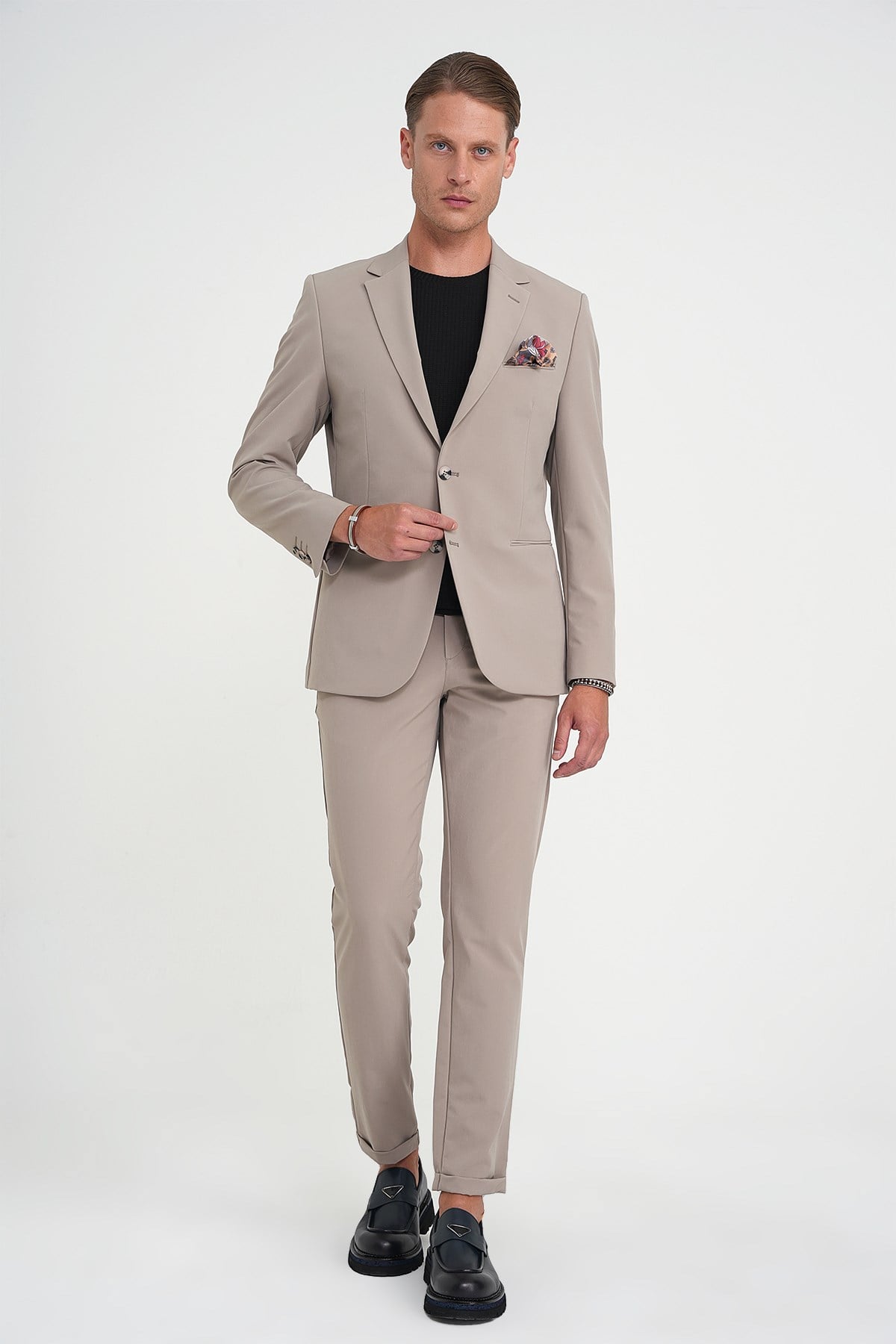 Slim Fit Mono Yaka Fleto Cepli Çift Yırtmaçlı Esnek Pamuklu Vizon Ceket C 710