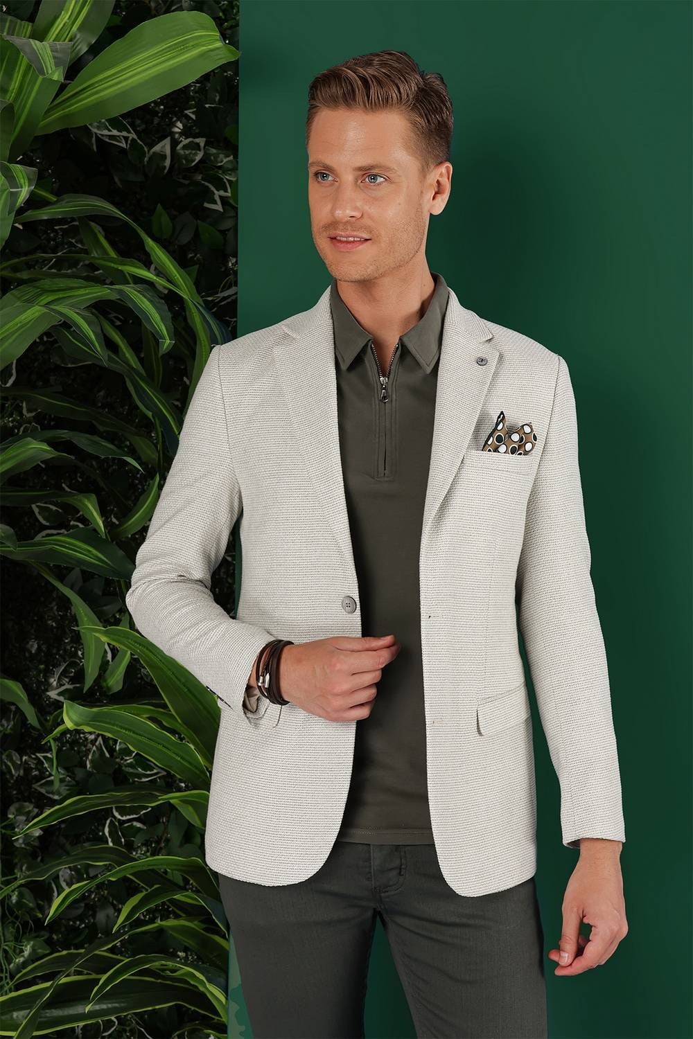 Slim Fit Mono Yaka Keten Pamuk Karışımlı Mavi Ceket C 636
