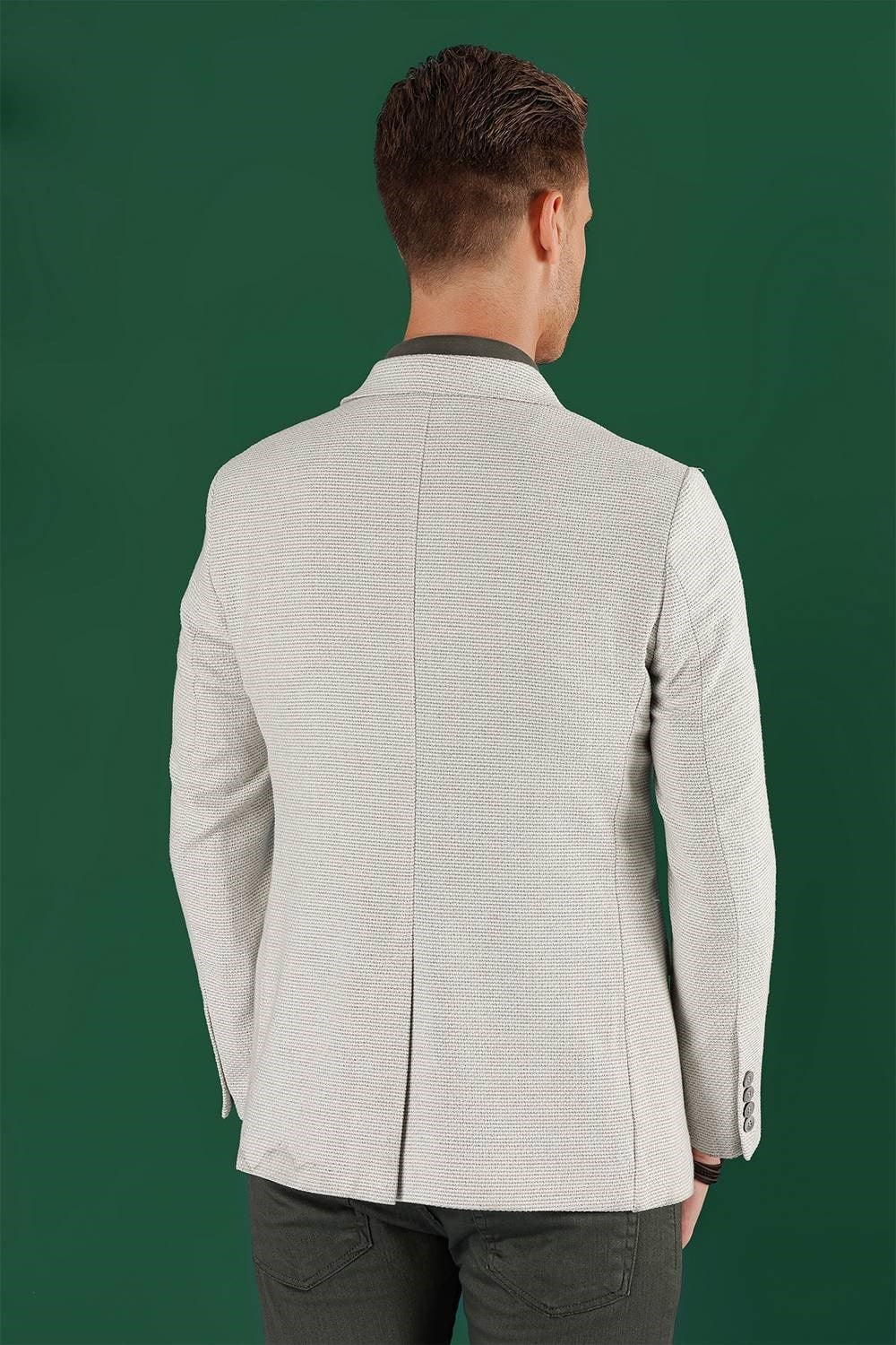 Slim Fit Mono Yaka Keten Pamuk Karışımlı Mavi Ceket C 636