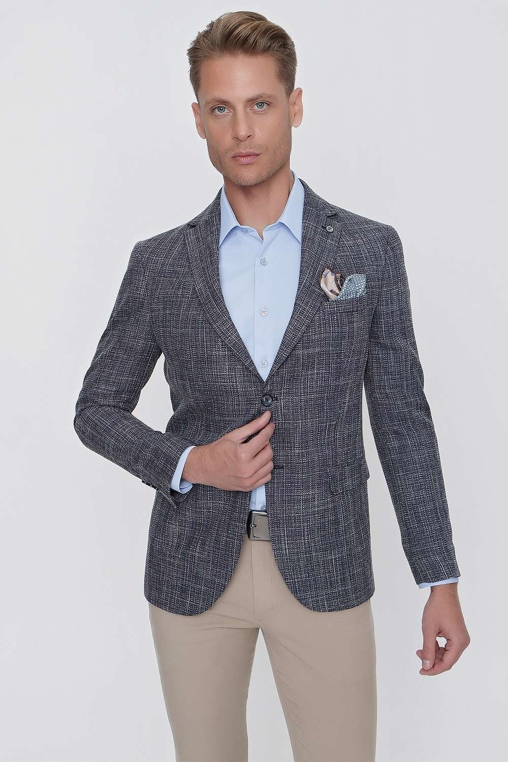 Slim Fit Mono Yaka Kırçıllı Dokuma Lacivert Spor Ceket C 628