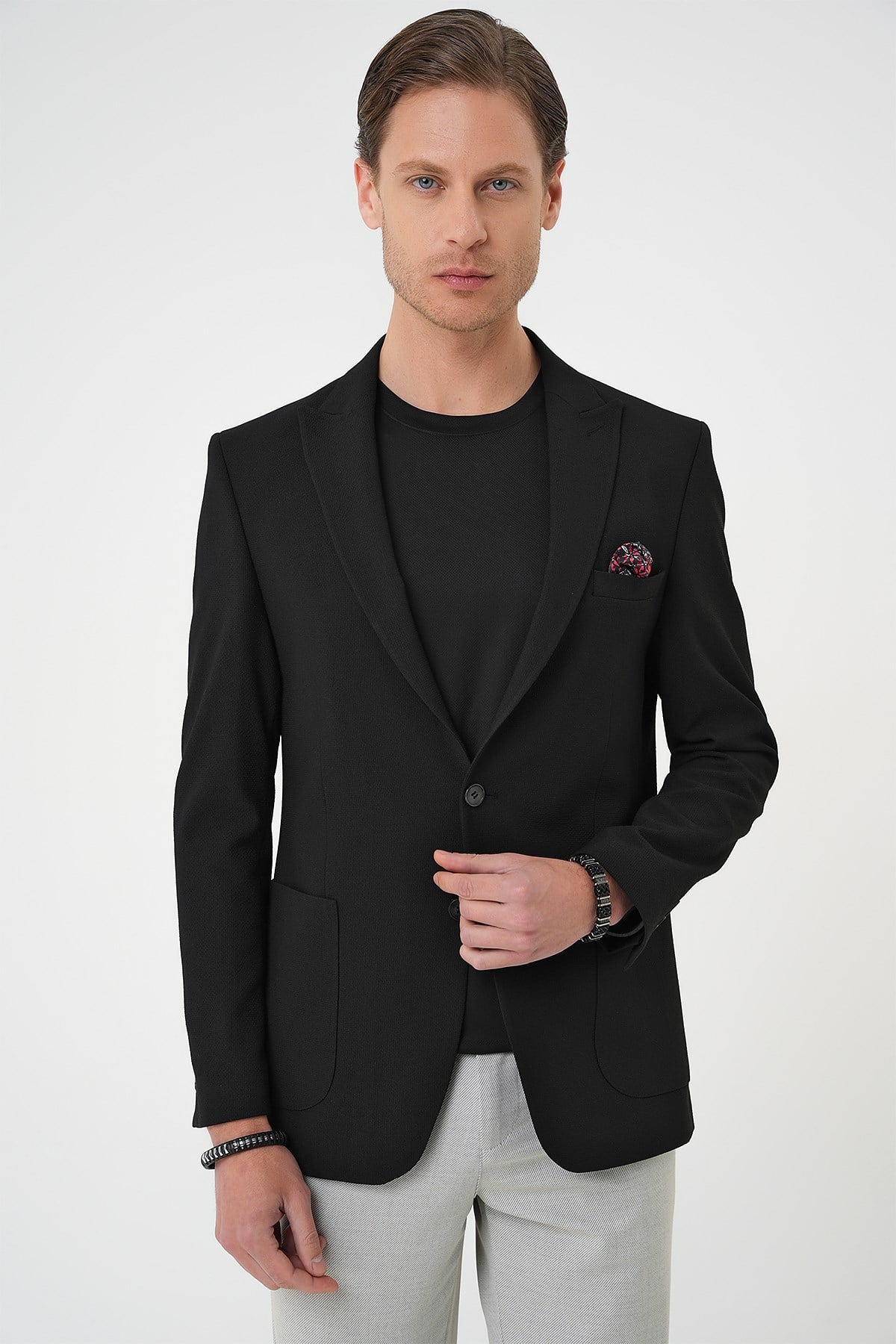 Slim Fit Mono Yaka Torba Cep Çift Yırtmaçlı Siyah Ceket C 711