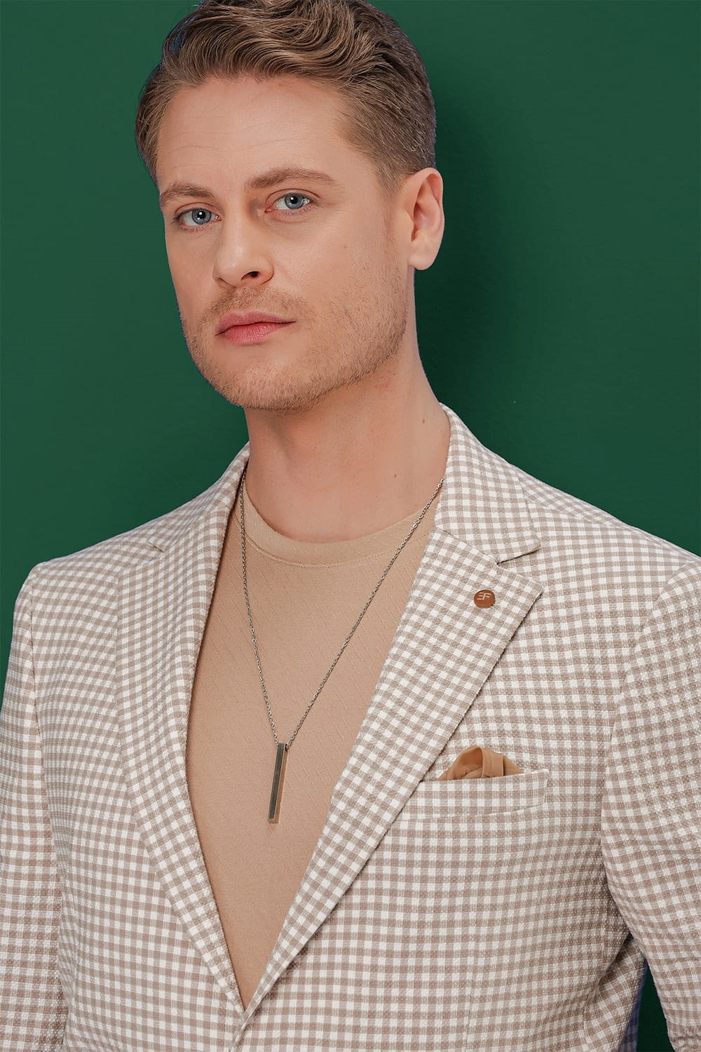 Slim Fit Mono Yaka Torba Cepli Esnek Pamuklu Pötikareli Bej Ceket C 638