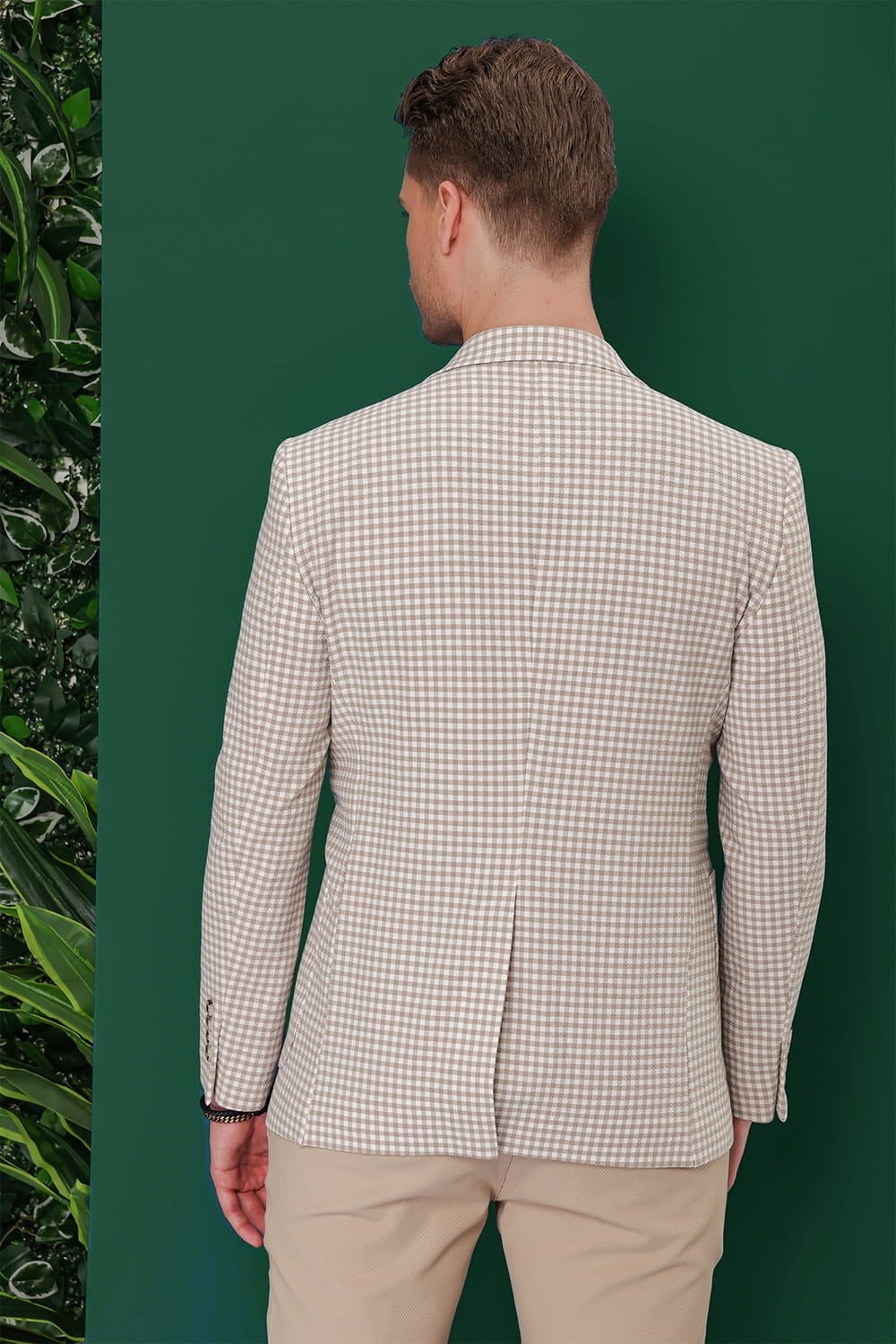 Slim Fit Mono Yaka Torba Cepli Esnek Pamuklu Pötikareli Bej Ceket C 638