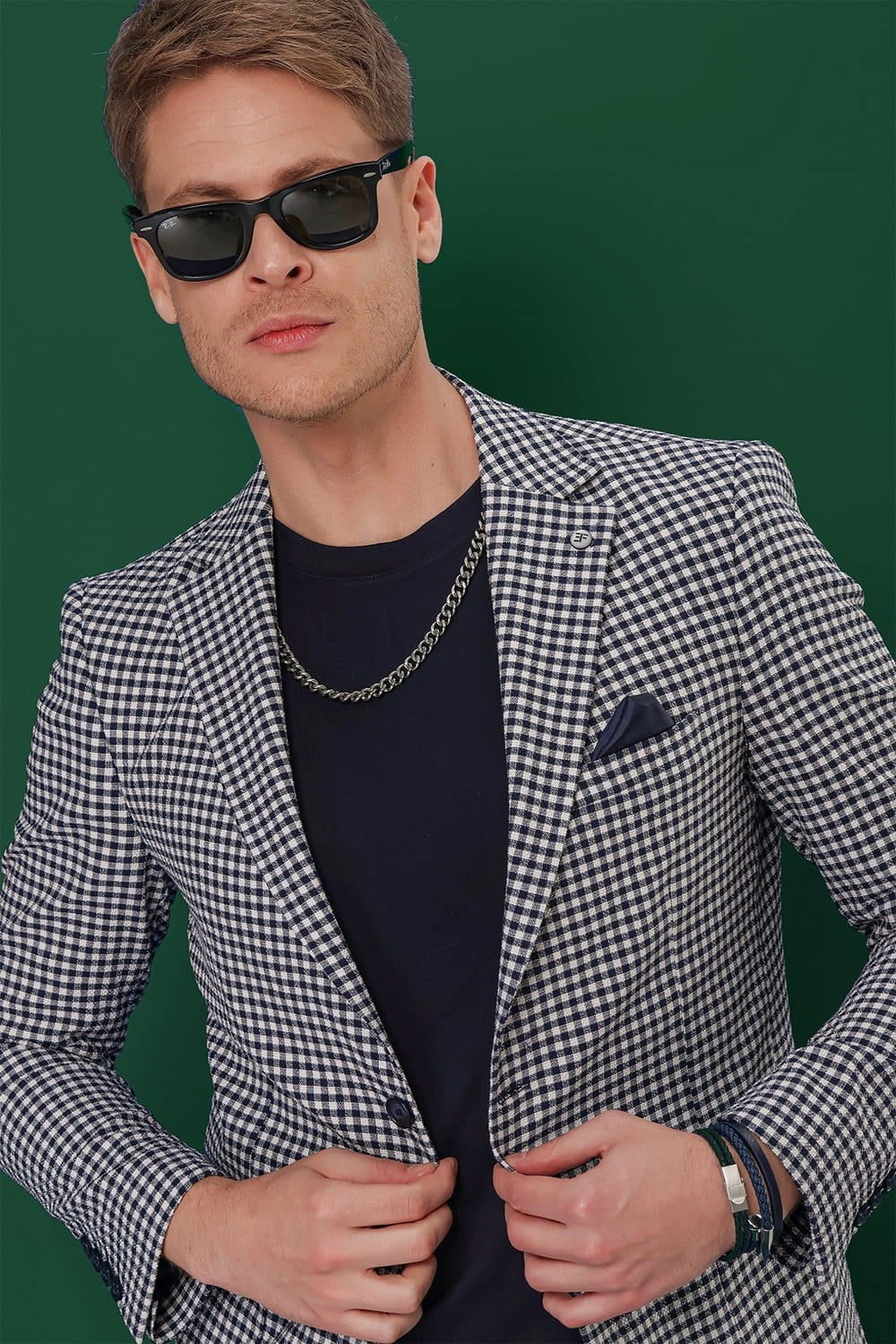 Slim Fit Mono Yaka Torba Cepli Esnek Pamuklu Pötikareli Lacivert Ceket C 638