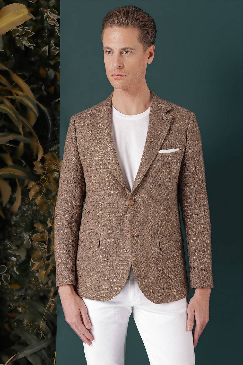Slim Fit Mono Yaka Yünlü Buklet Dokuma Bej Ceket C 660