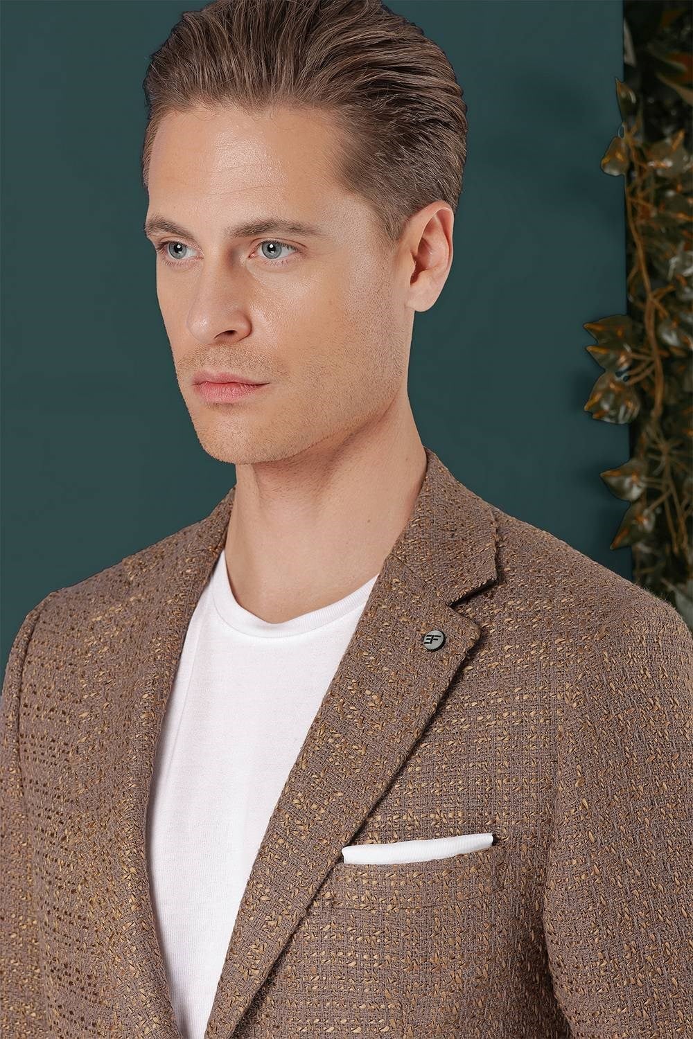 Slim Fit Mono Yaka Yünlü Buklet Dokuma Bej Ceket C 660