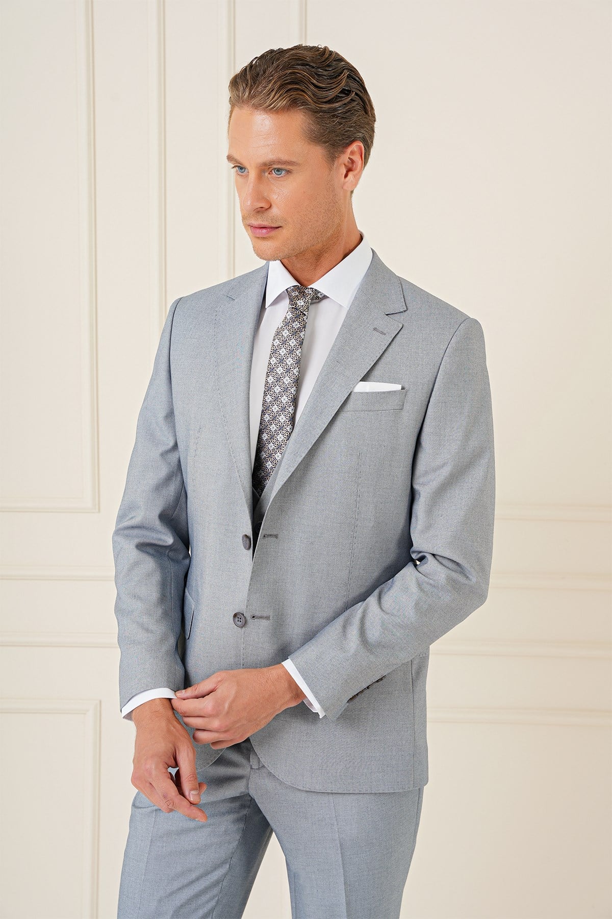 Slim Fit Mono Yaka Yünlü Esnek Gri Yelekli Takım Elbise TK 903