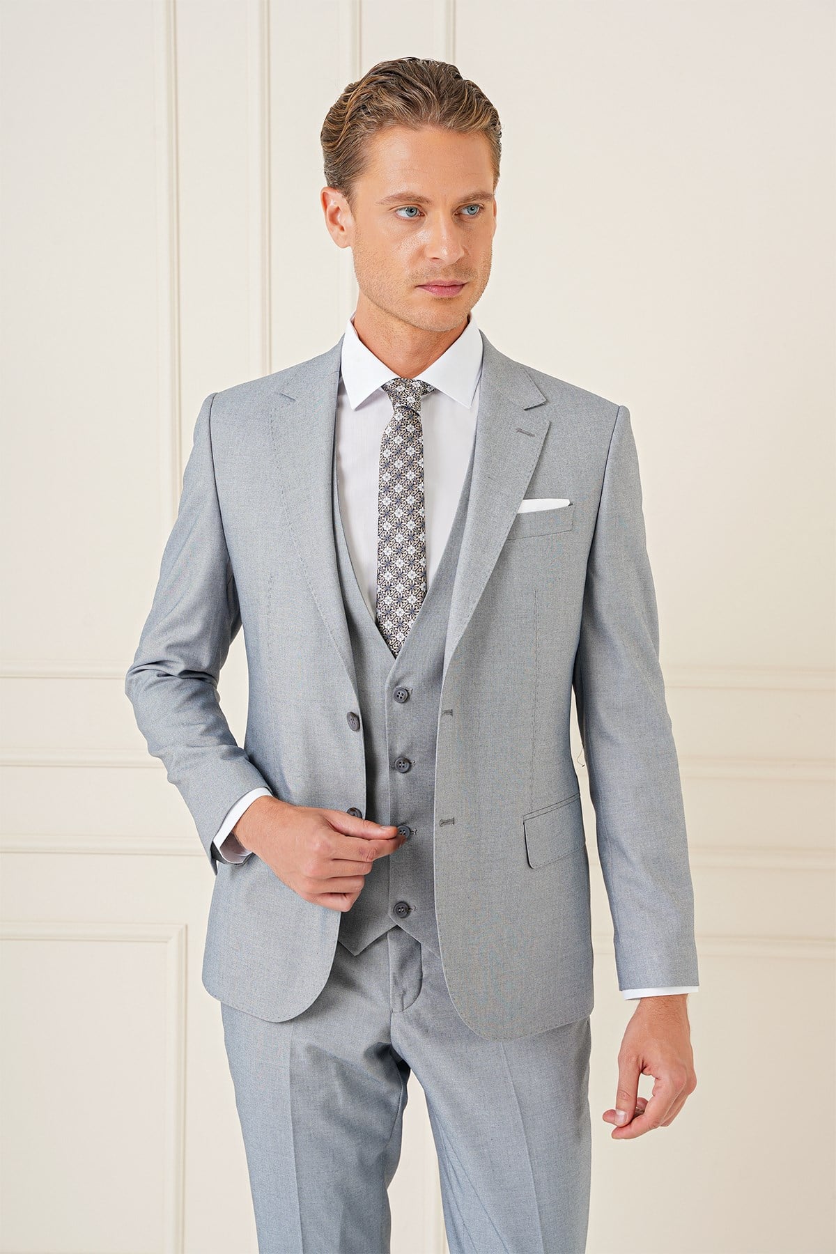 Slim Fit Mono Yaka Yünlü Esnek Gri Yelekli Takım Elbise TK 903