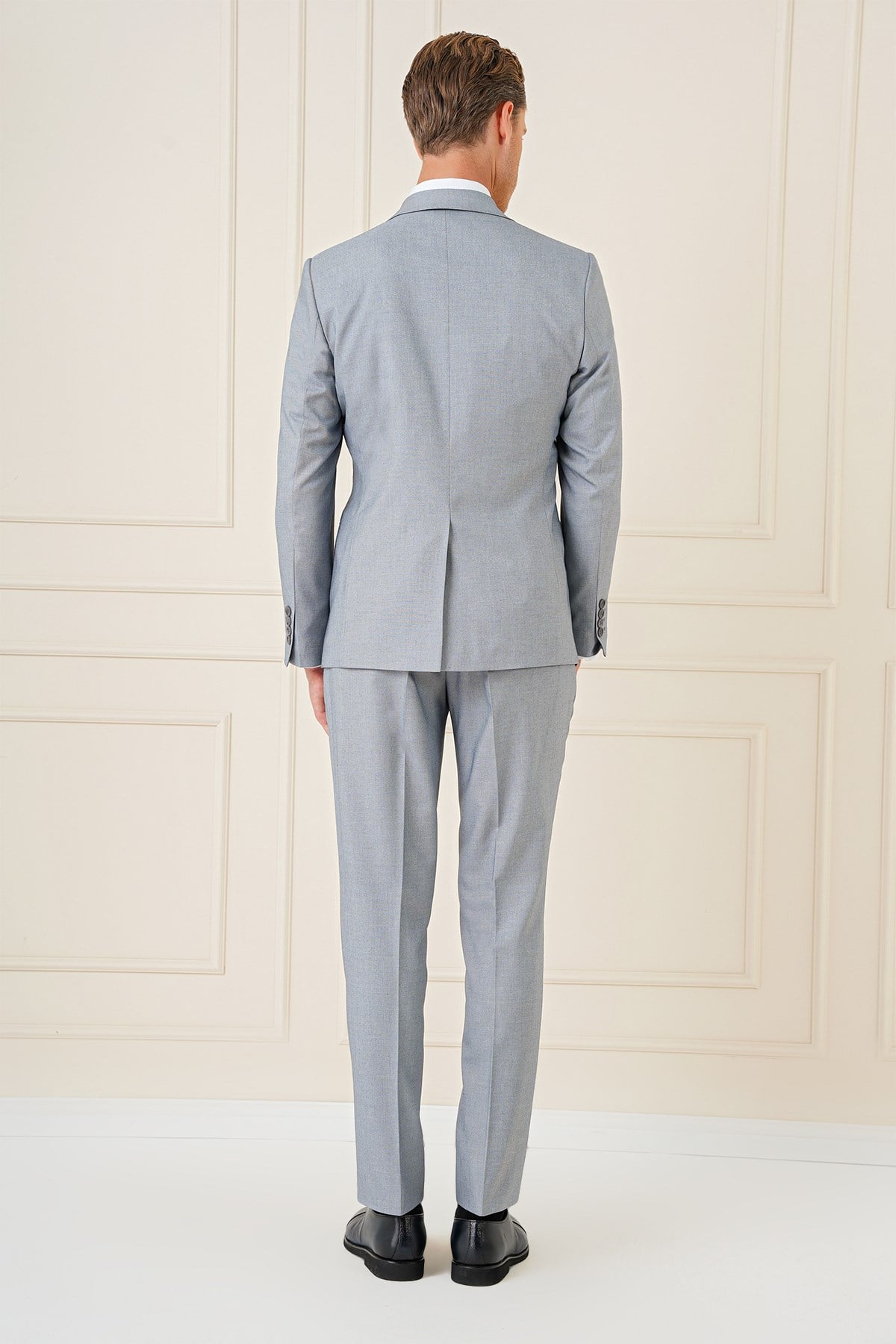 Slim Fit Mono Yaka Yünlü Esnek Gri Yelekli Takım Elbise TK 903