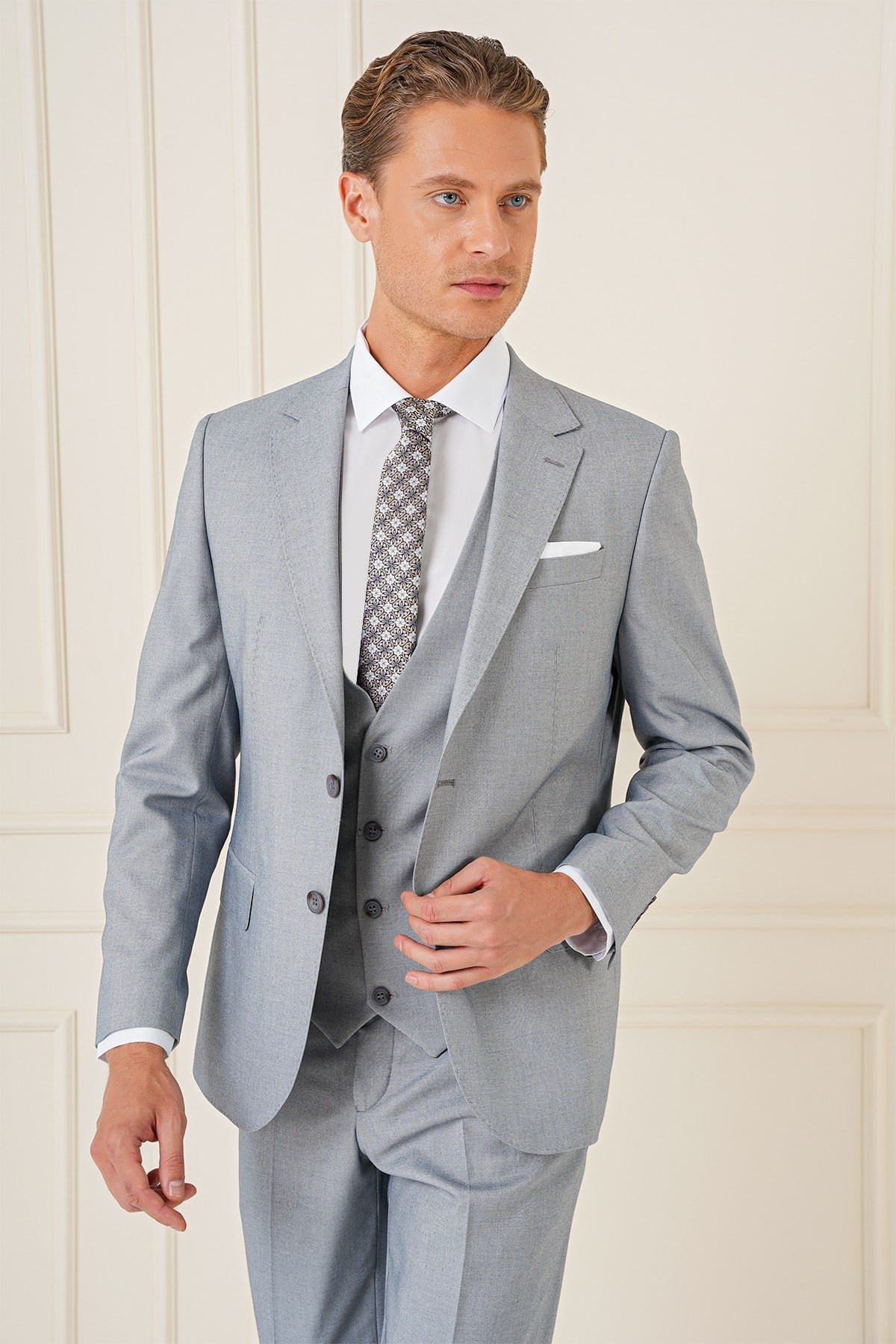 Slim Fit Mono Yaka Yünlü Esnek Gri Yelekli Takım Elbise TK 903