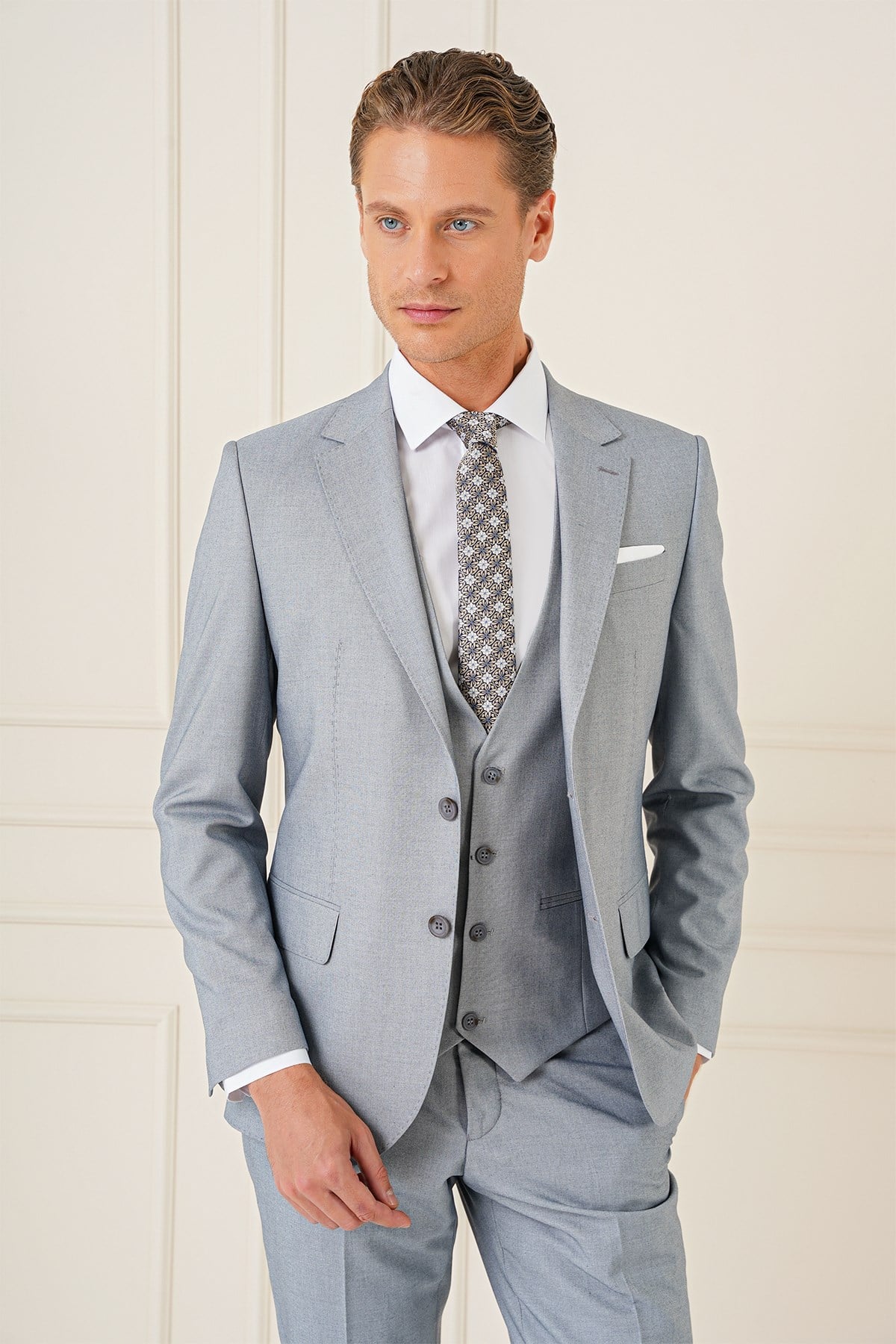 Slim Fit Mono Yaka Yünlü Esnek Gri Yelekli Takım Elbise TK 903