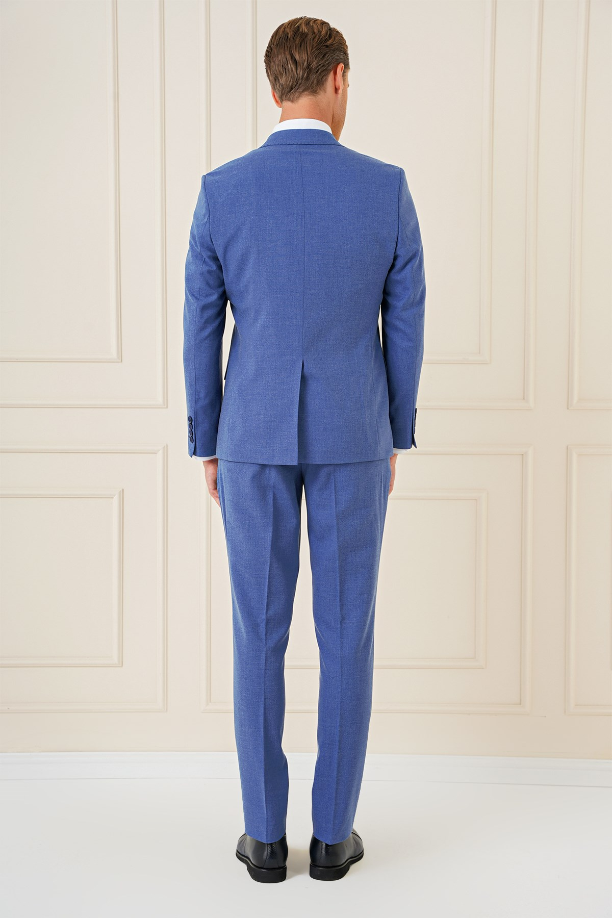 Slim Fit Mono Yaka Yünlü Esnek İndigo Mavi Yelekli Takım Elbise TK 903