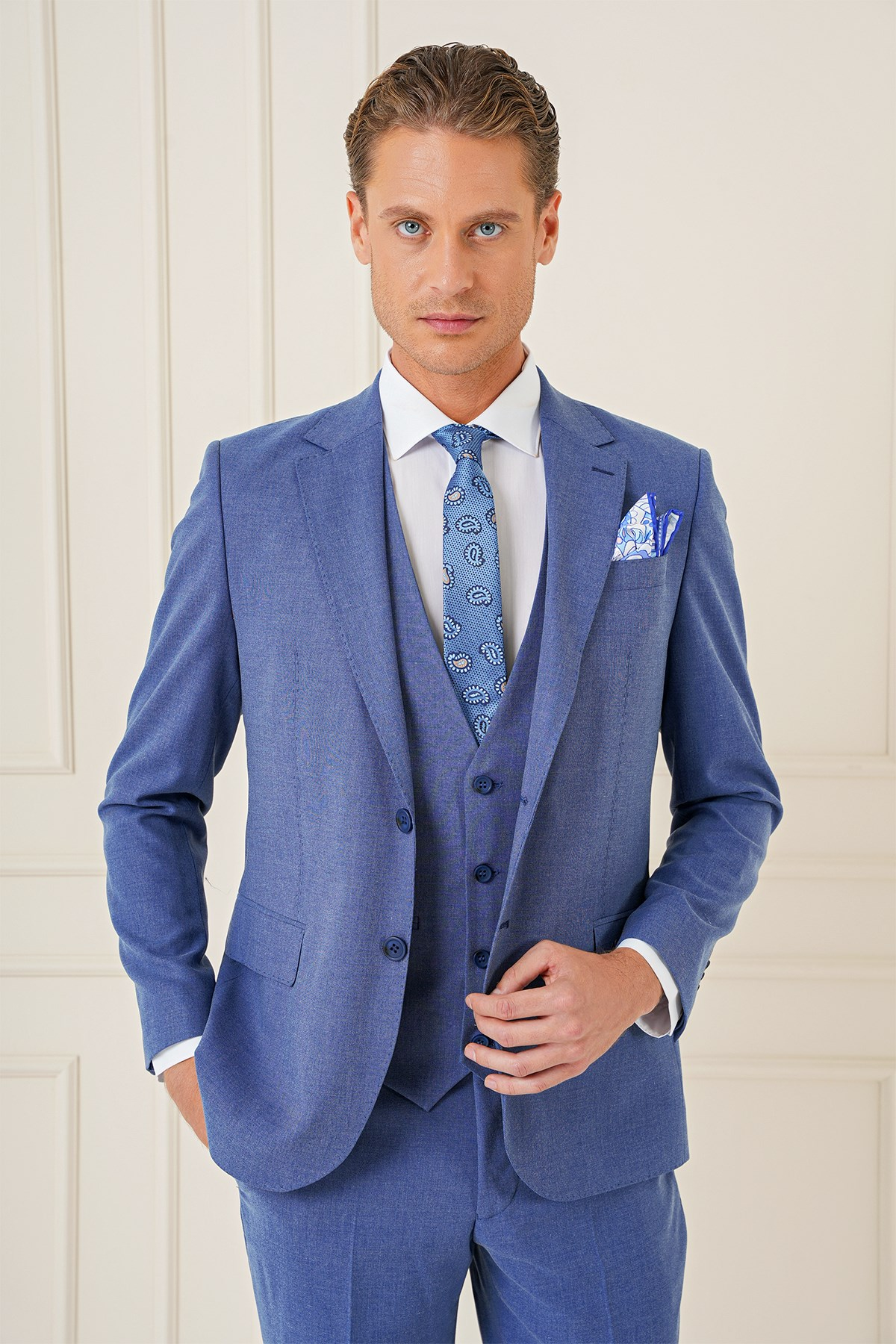 Slim Fit Mono Yaka Yünlü Esnek İndigo Mavi Yelekli Takım Elbise TK 903