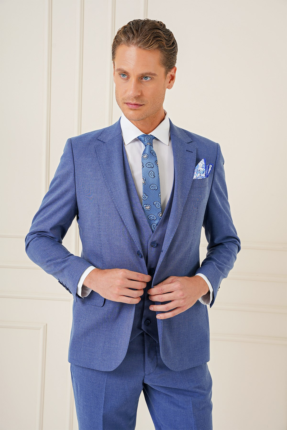 Slim Fit Mono Yaka Yünlü Esnek İndigo Mavi Yelekli Takım Elbise TK 903