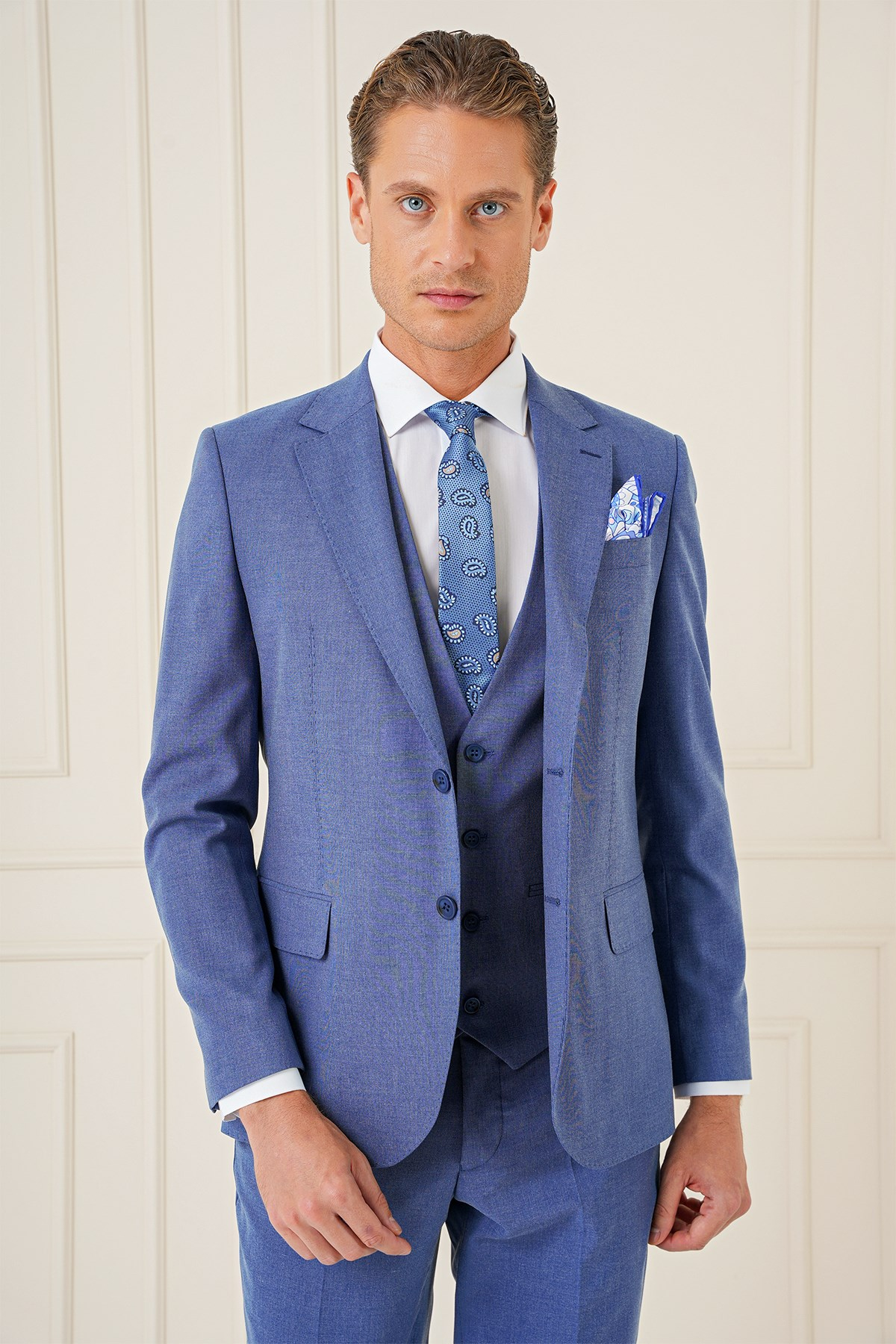 Slim Fit Mono Yaka Yünlü Esnek İndigo Mavi Yelekli Takım Elbise TK 903