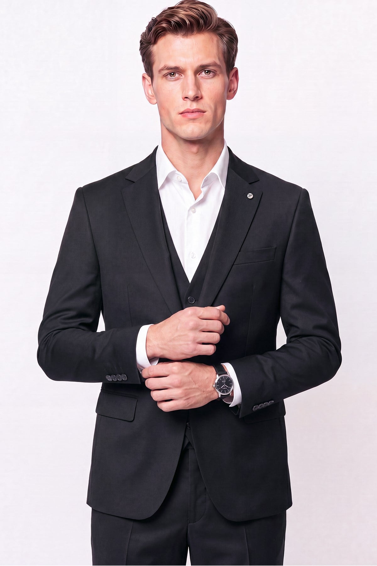 Slim Fit Mono Yaka Yünlü Yelekli Siyah Takım Elbise TK 943
