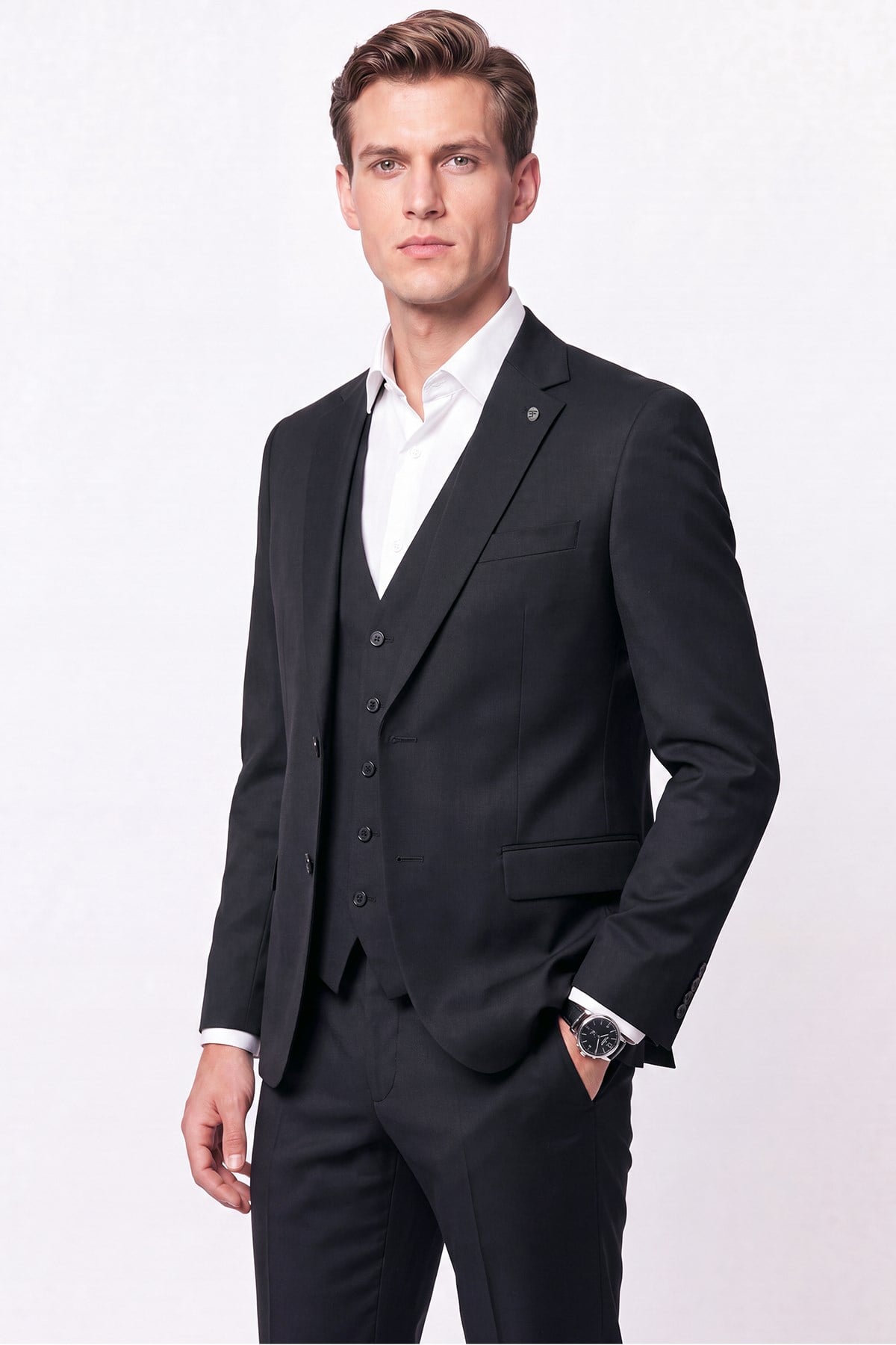 Slim Fit Mono Yaka Yünlü Yelekli Siyah Takım Elbise TK 943
