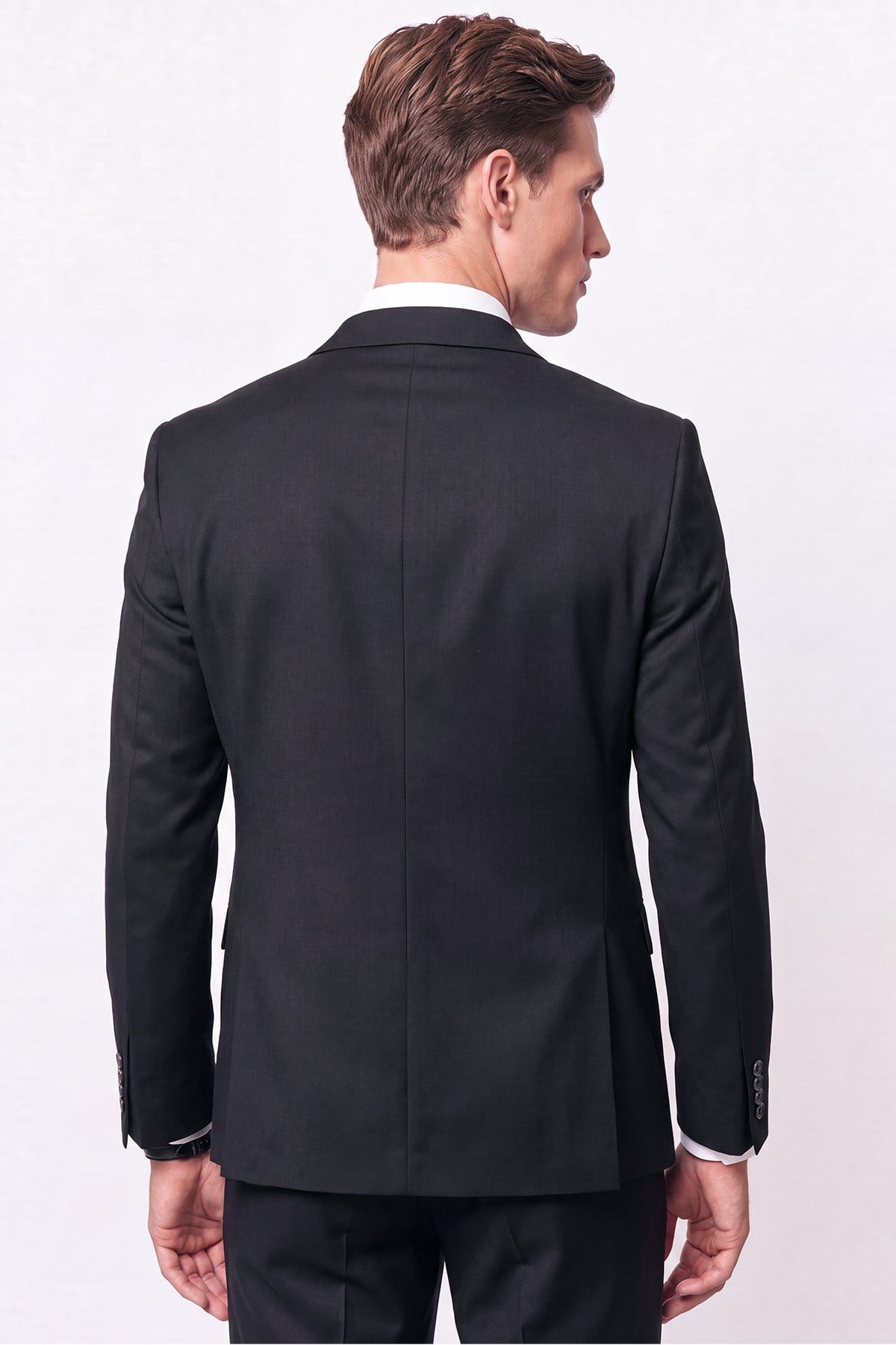 Slim Fit Mono Yaka Yünlü Yelekli Siyah Takım Elbise TK 943