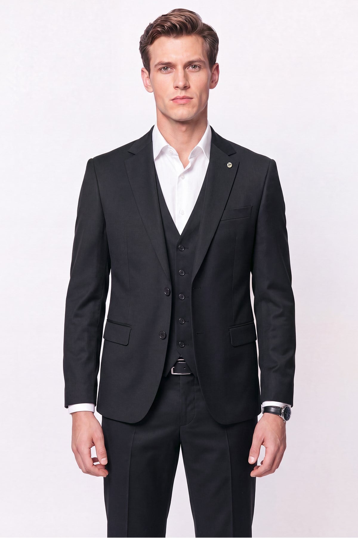 Slim Fit Mono Yaka Yünlü Yelekli Siyah Takım Elbise TK 943