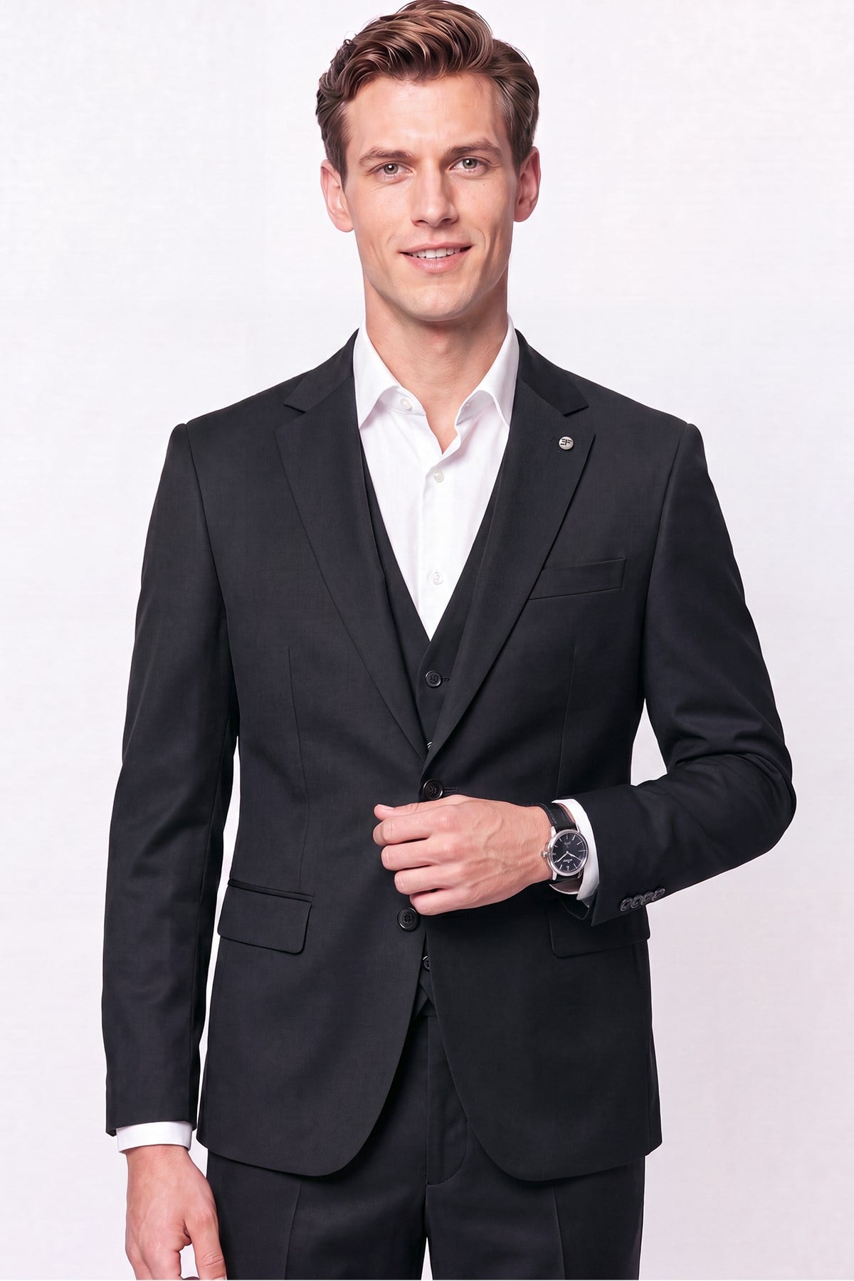 Slim Fit Mono Yaka Yünlü Yelekli Siyah Takım Elbise TK 943