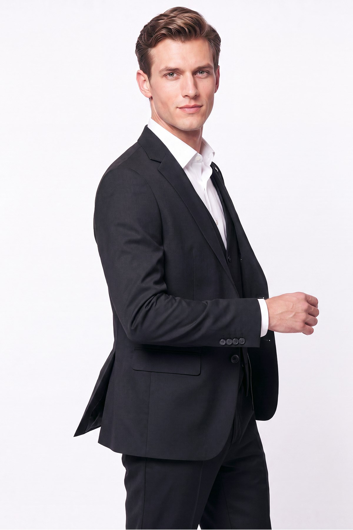 Slim Fit Mono Yaka Yünlü Yelekli Siyah Takım Elbise TK 943