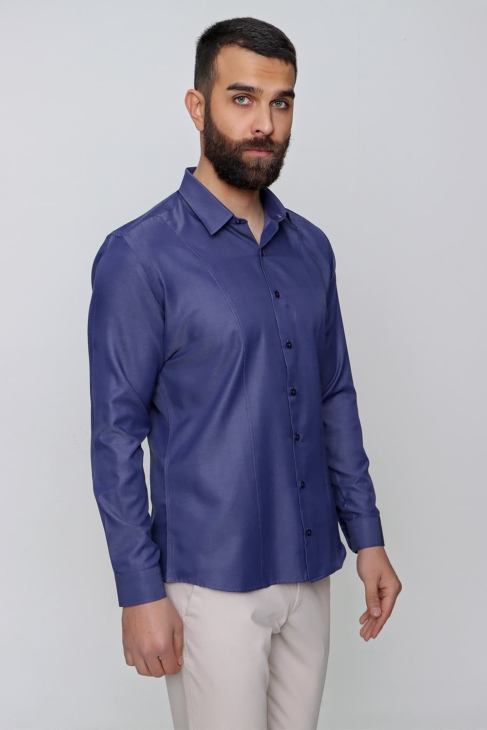 Slim Fit Önden Pensli Pamuklu Pamuklu İndigo Gömlek GK 635