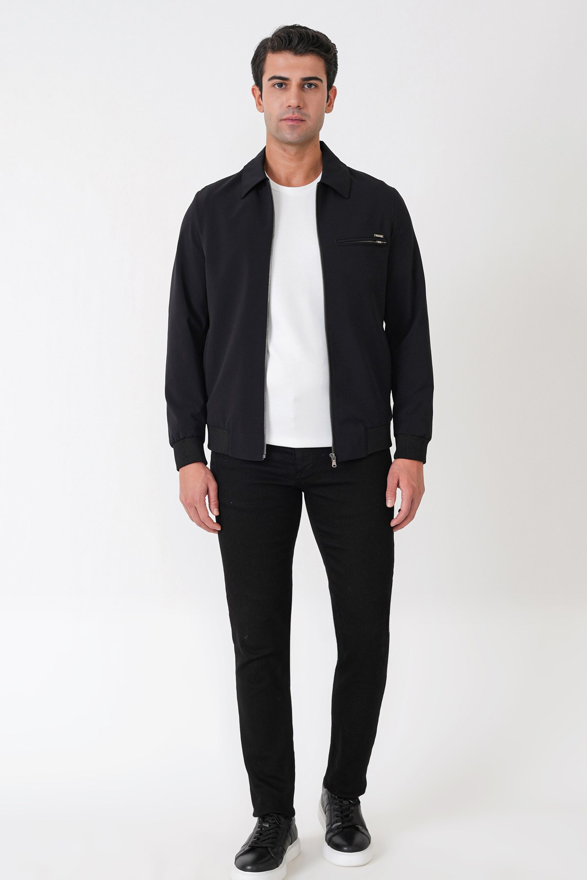 Slim Fit Önü Fermuarlı Etek Kol Ribanalı Esnek Siyah Mont MT 184