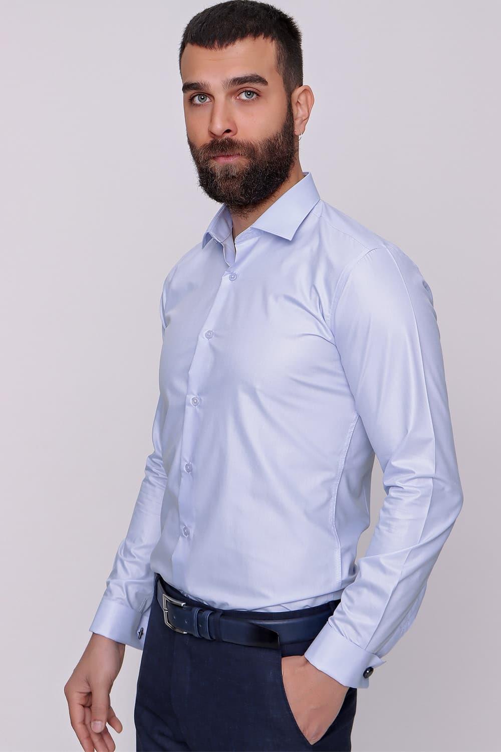 Slim Fit Pamuk Saten Duble Manşetli Klasik Açık Mavi Gömlek  Gk 235