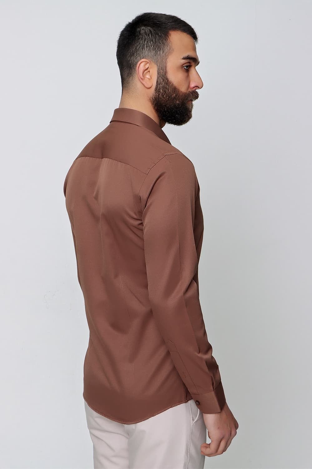 Slim Fit Pamuk Saten Klasik Açık Kahve Gömlek  Gk 604