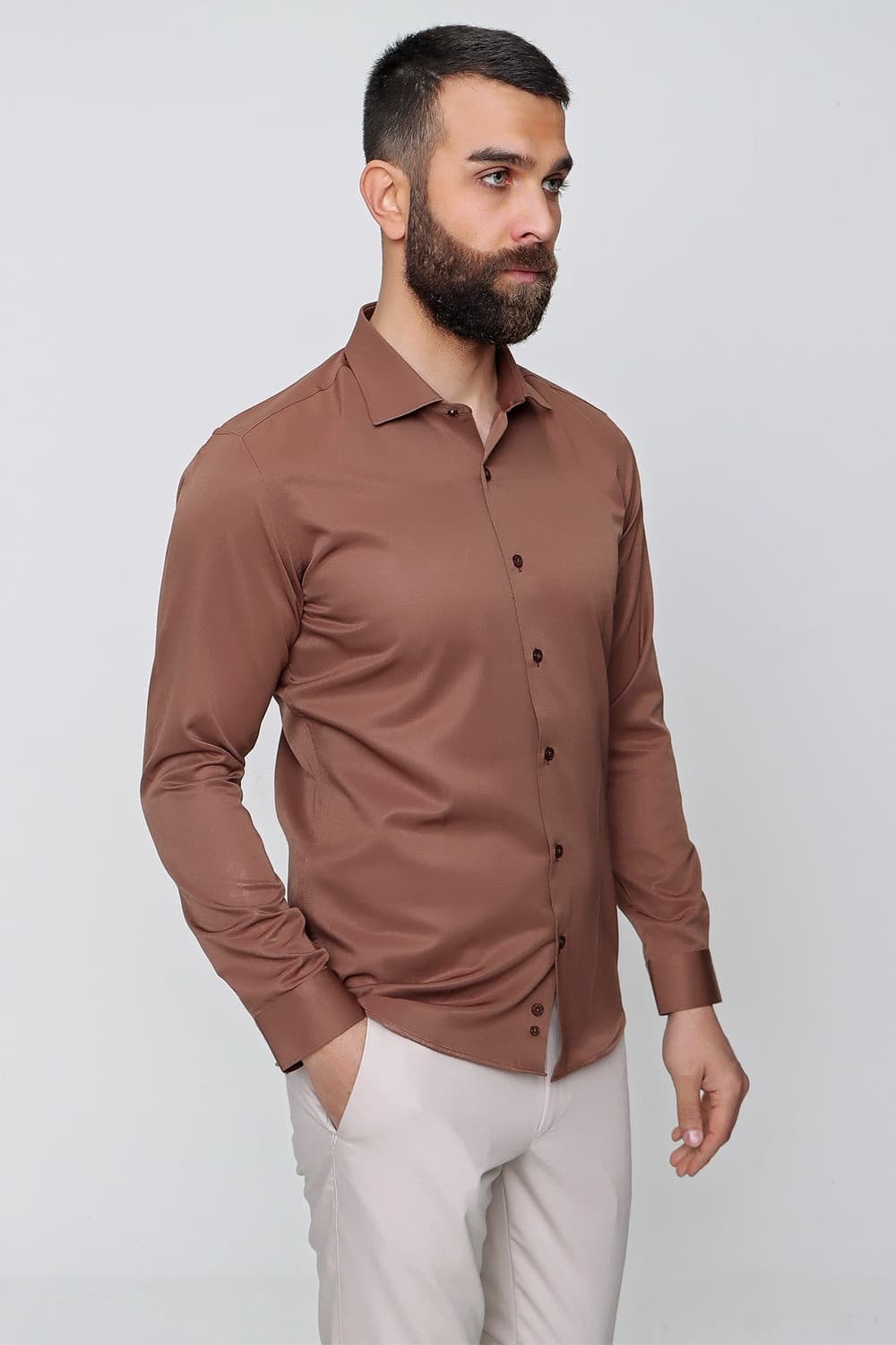 Slim Fit Pamuk Saten Klasik Açık Kahve Gömlek  Gk 604