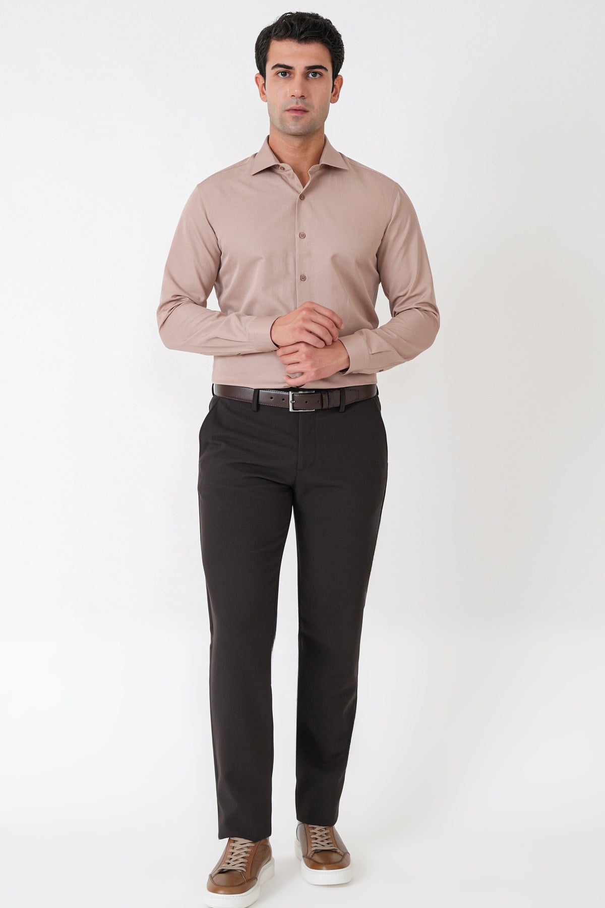 Slim Fit Pamuk Saten Klasik Bej Gömlek Gk 604