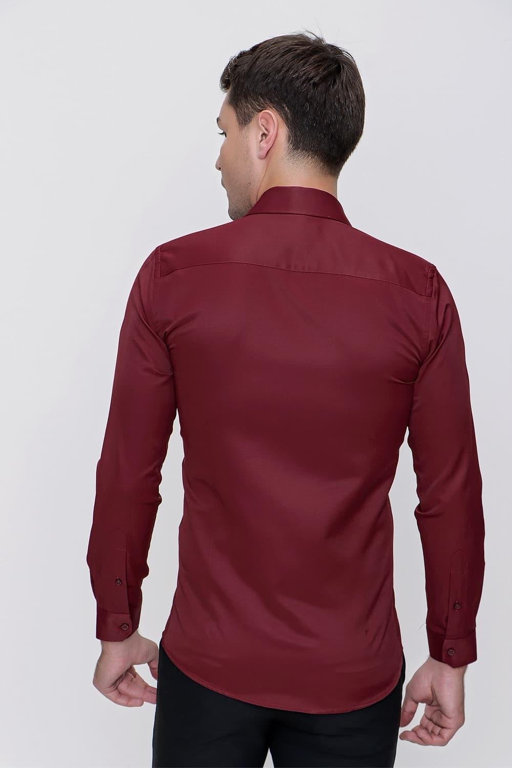 Slim Fit Pamuk Saten Klasik Bordo Gömlek  Gk 624