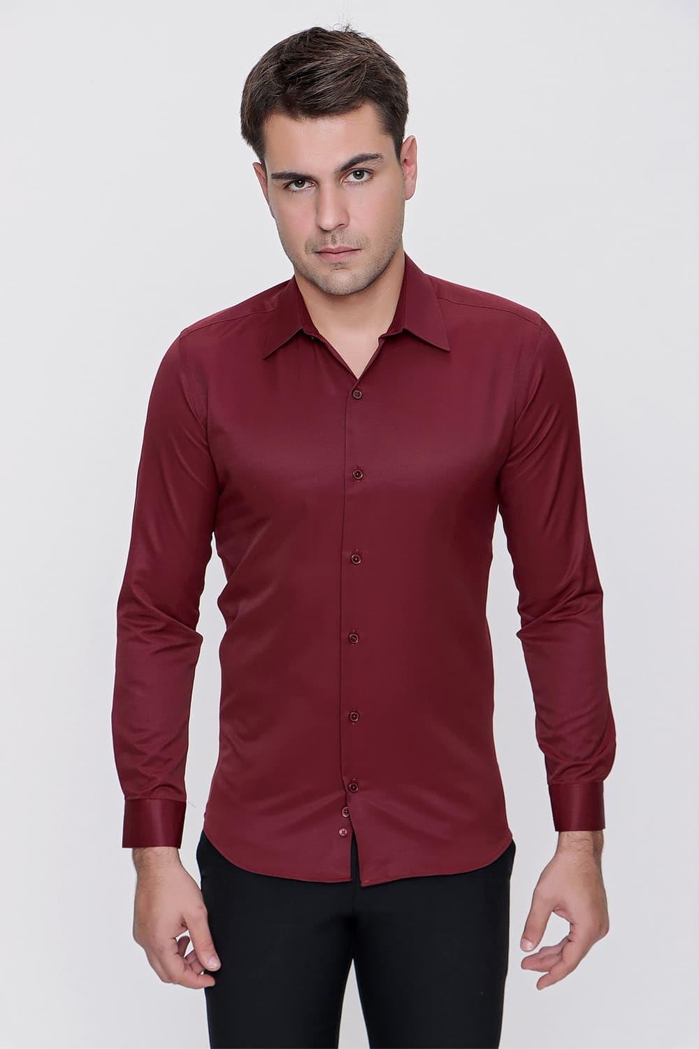 Slim Fit Pamuk Saten Klasik Bordo Gömlek  Gk 624