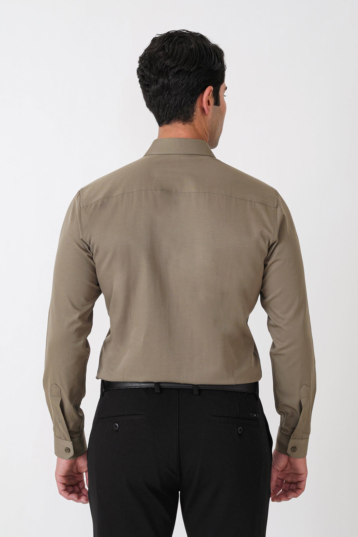 Slim Fit Pamuk Saten Klasik Haki Gömlek Gk 604