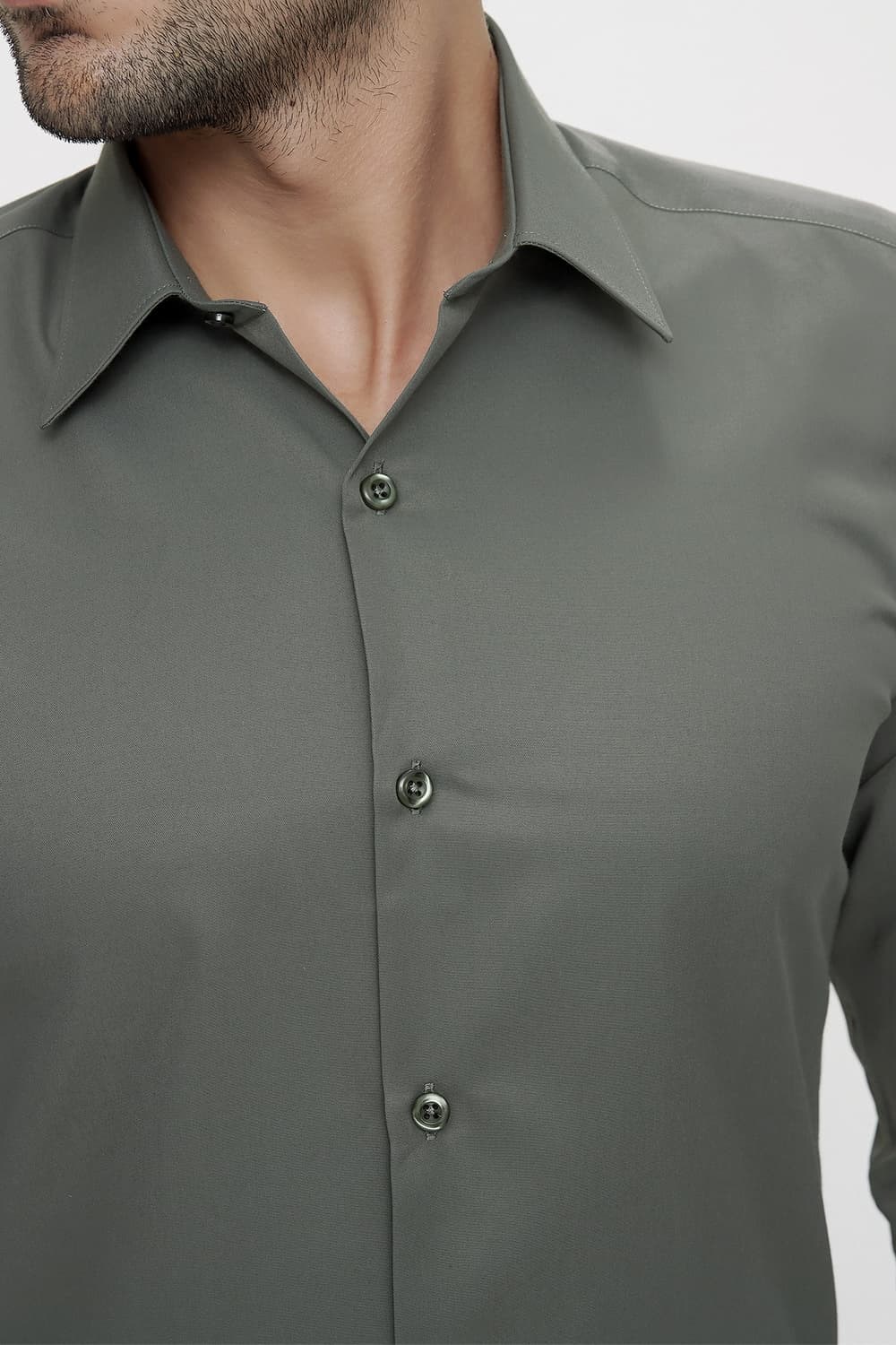 Slim Fit Pamuk Saten Klasik Haki Gömlek  Gk 624