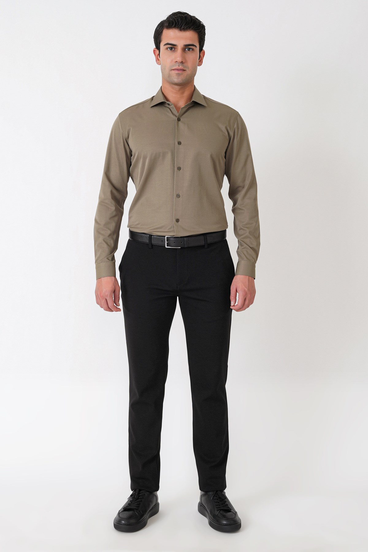 Slim Fit Pamuk Saten Klasik Haki Gömlek Gk 604