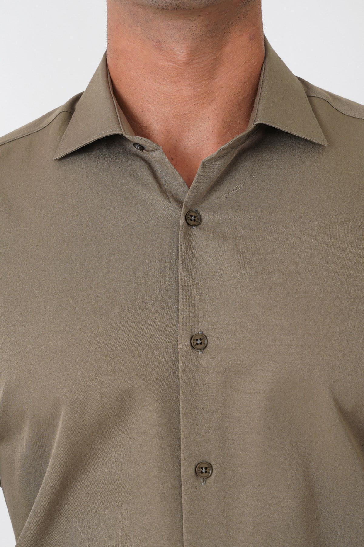Slim Fit Pamuk Saten Klasik Haki Gömlek Gk 604