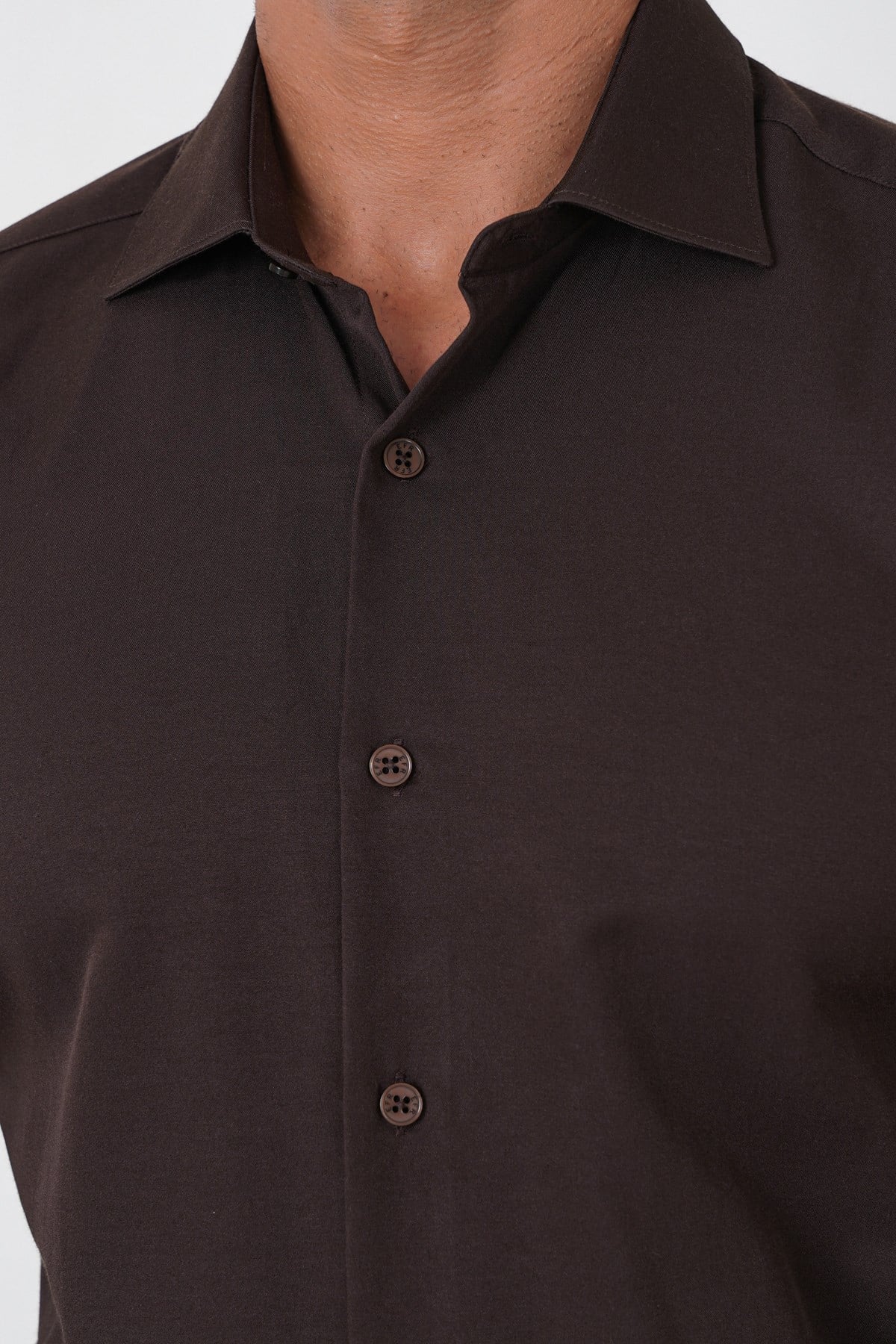 Slim Fit Pamuk Saten Klasik Kahverengi Gömlek Gk 604