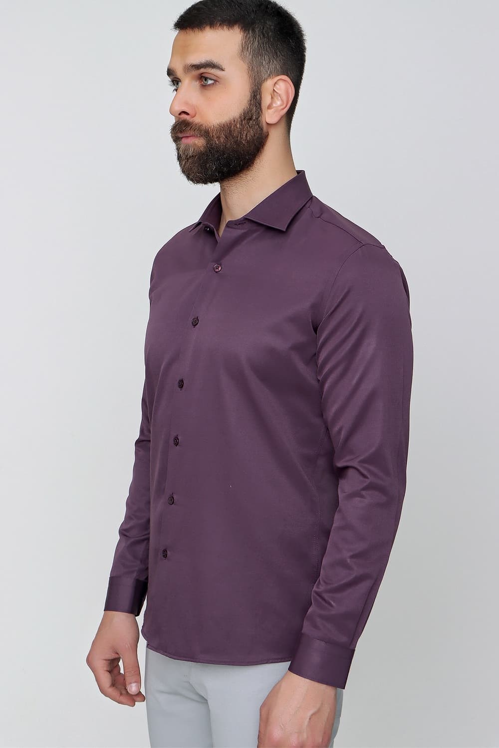 Slim Fit Pamuk Saten Klasik Mor Gömlek  Gk 604
