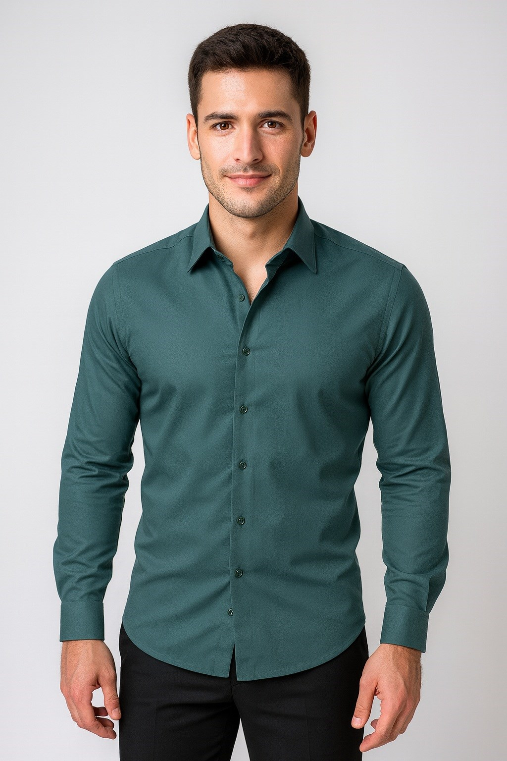 Slim Fit Pamuk Saten Klasik Yeşil Gömlek  Gk 624
