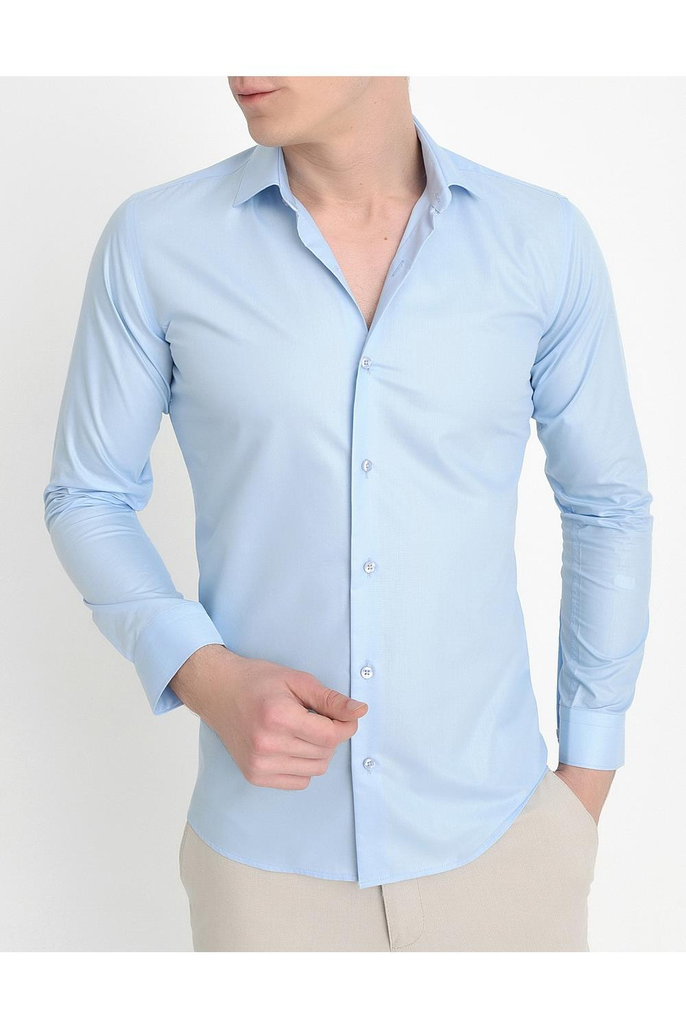 Slim Fit Pamuk Saten Uzun Kol Klasik Açık Mavi Gömlek  Gk 157