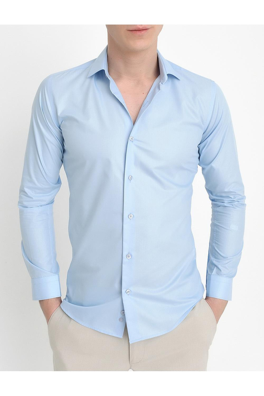 Slim Fit Pamuk Saten Uzun Kol Klasik Açık Mavi Gömlek  Gk 157