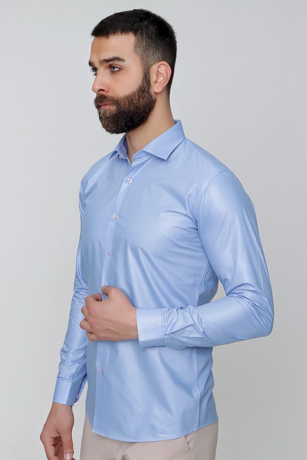 Slim Fit Pamuk Saten Uzun Kol Klasik Mavi Gömlek  Gk 157