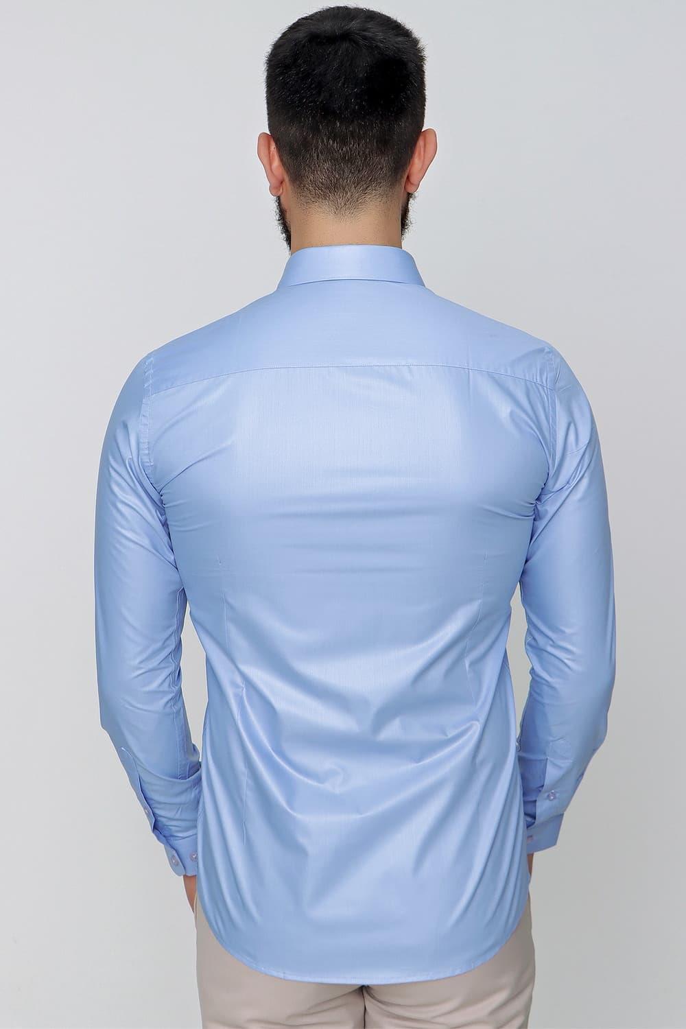 Slim Fit Pamuk Saten Uzun Kol Klasik Mavi Gömlek  Gk 157