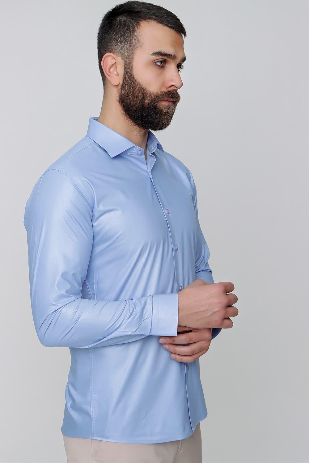 Slim Fit Pamuk Saten Uzun Kol Klasik Mavi Gömlek  Gk 157