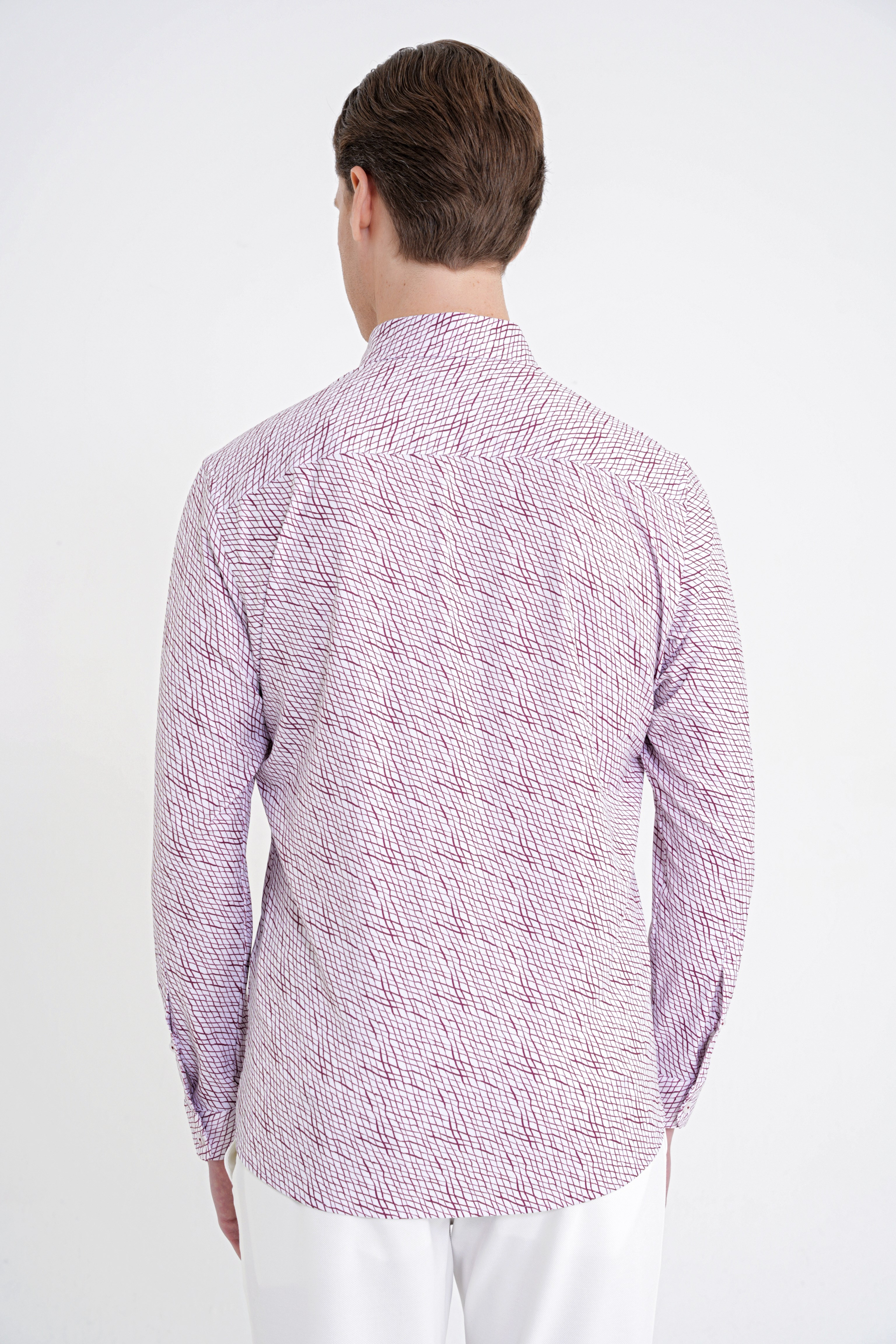 Slim Fit Pamuklu Baskılı Desen Yaka Düğmeli Bordo Gömlek G 1603