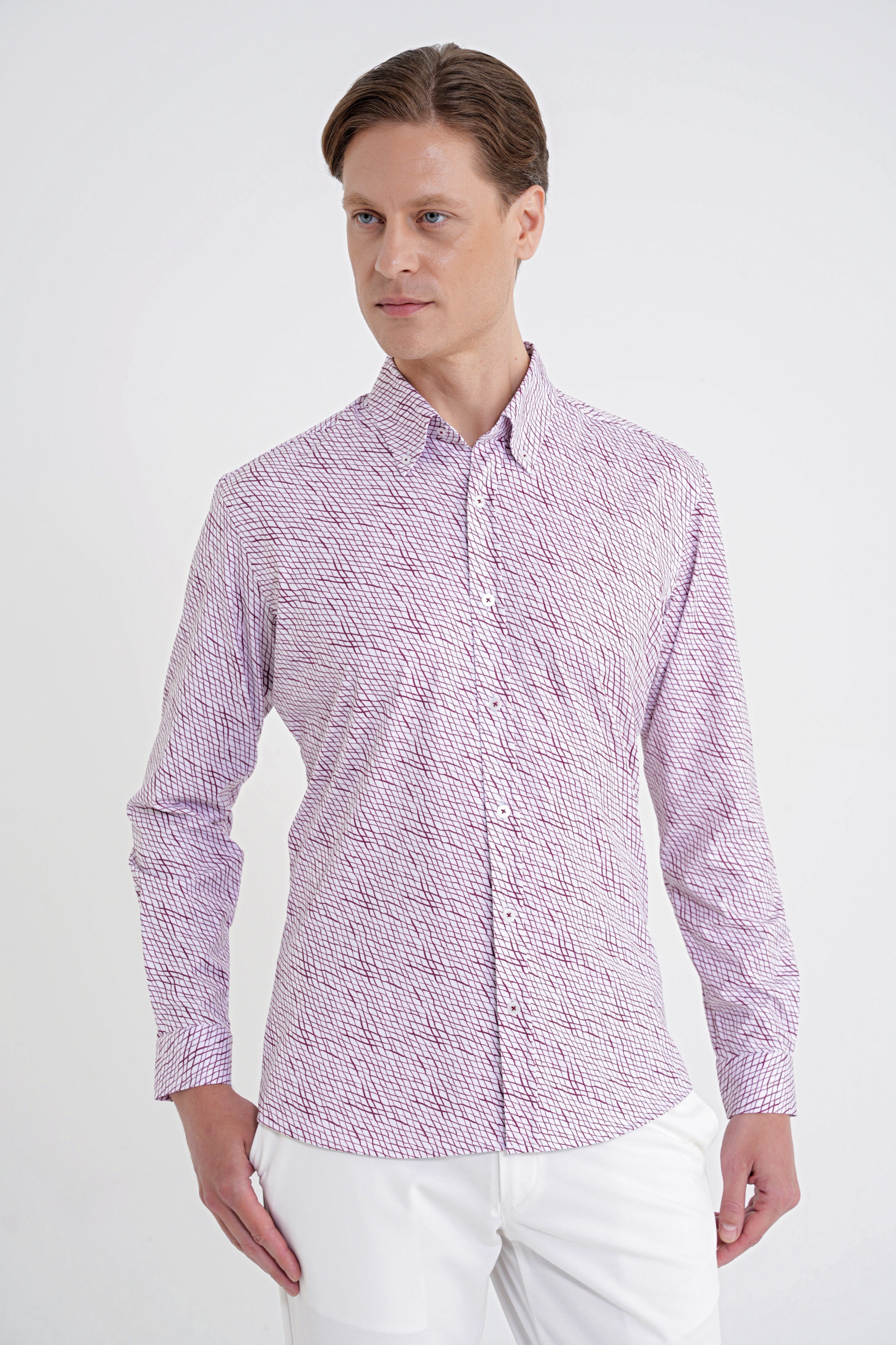 Slim Fit Pamuklu Baskılı Desen Yaka Düğmeli Bordo Gömlek G 1603