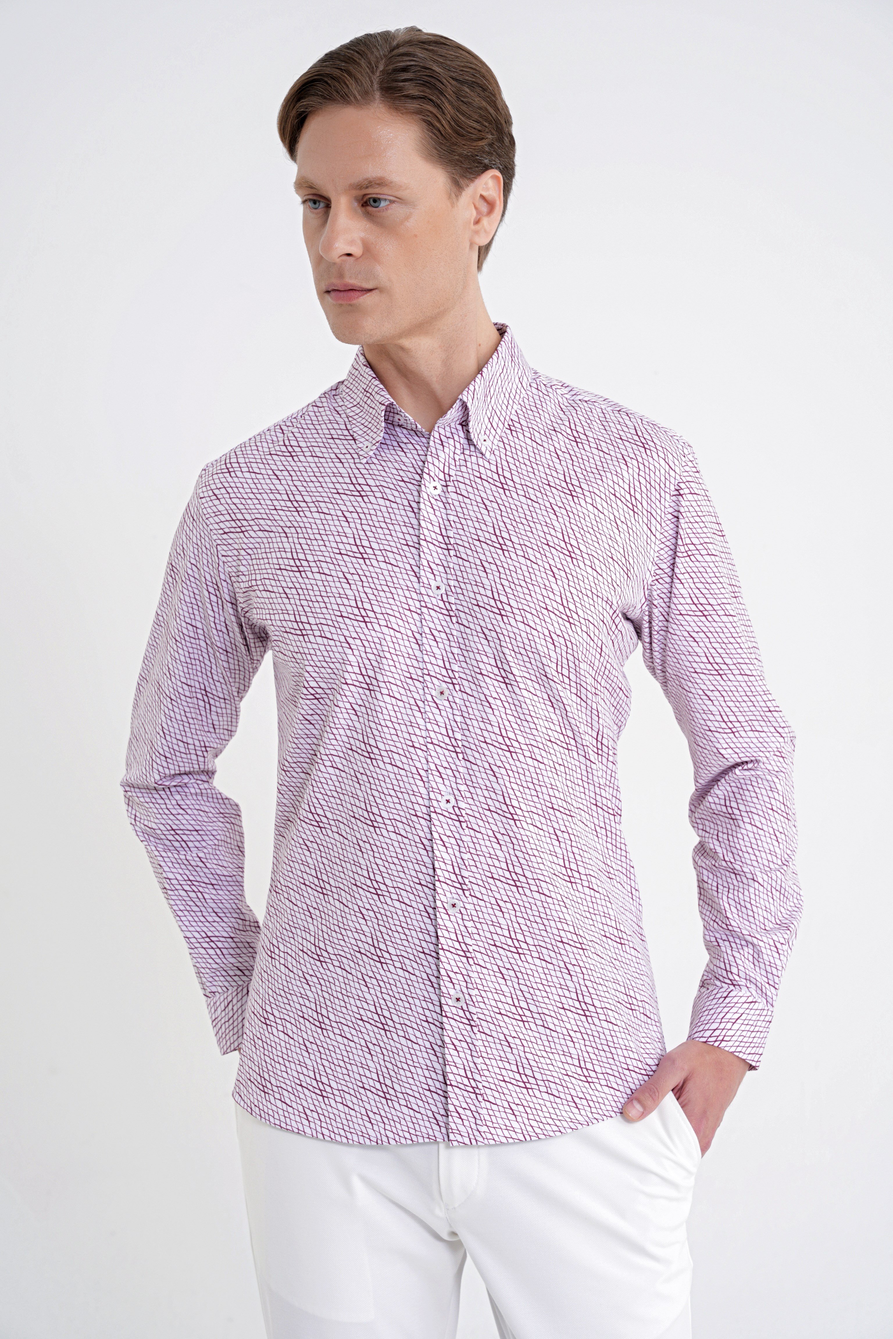 Slim Fit Pamuklu Baskılı Desen Yaka Düğmeli Bordo Gömlek G 1603