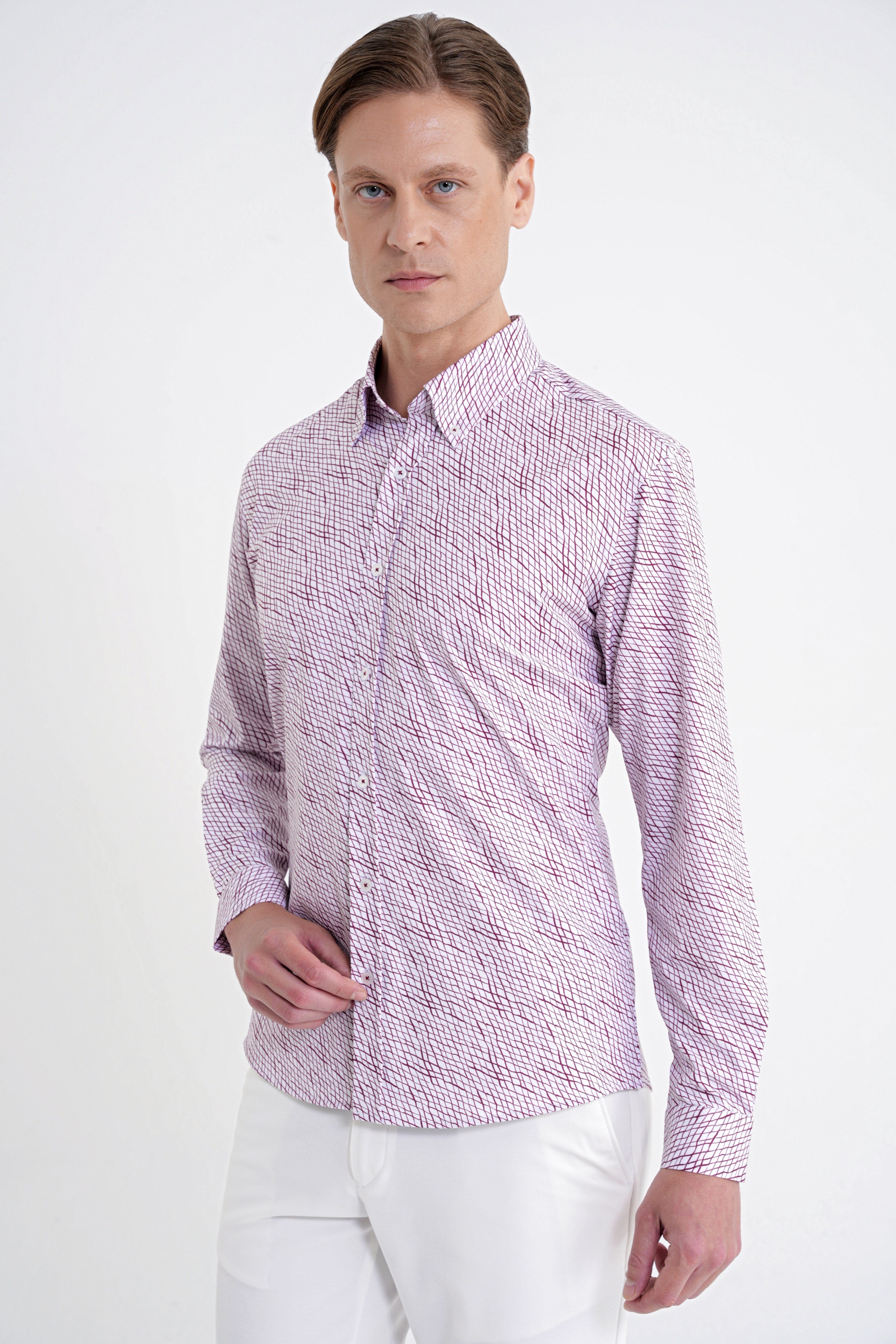 Slim Fit Pamuklu Baskılı Desen Yaka Düğmeli Bordo Gömlek G 1603