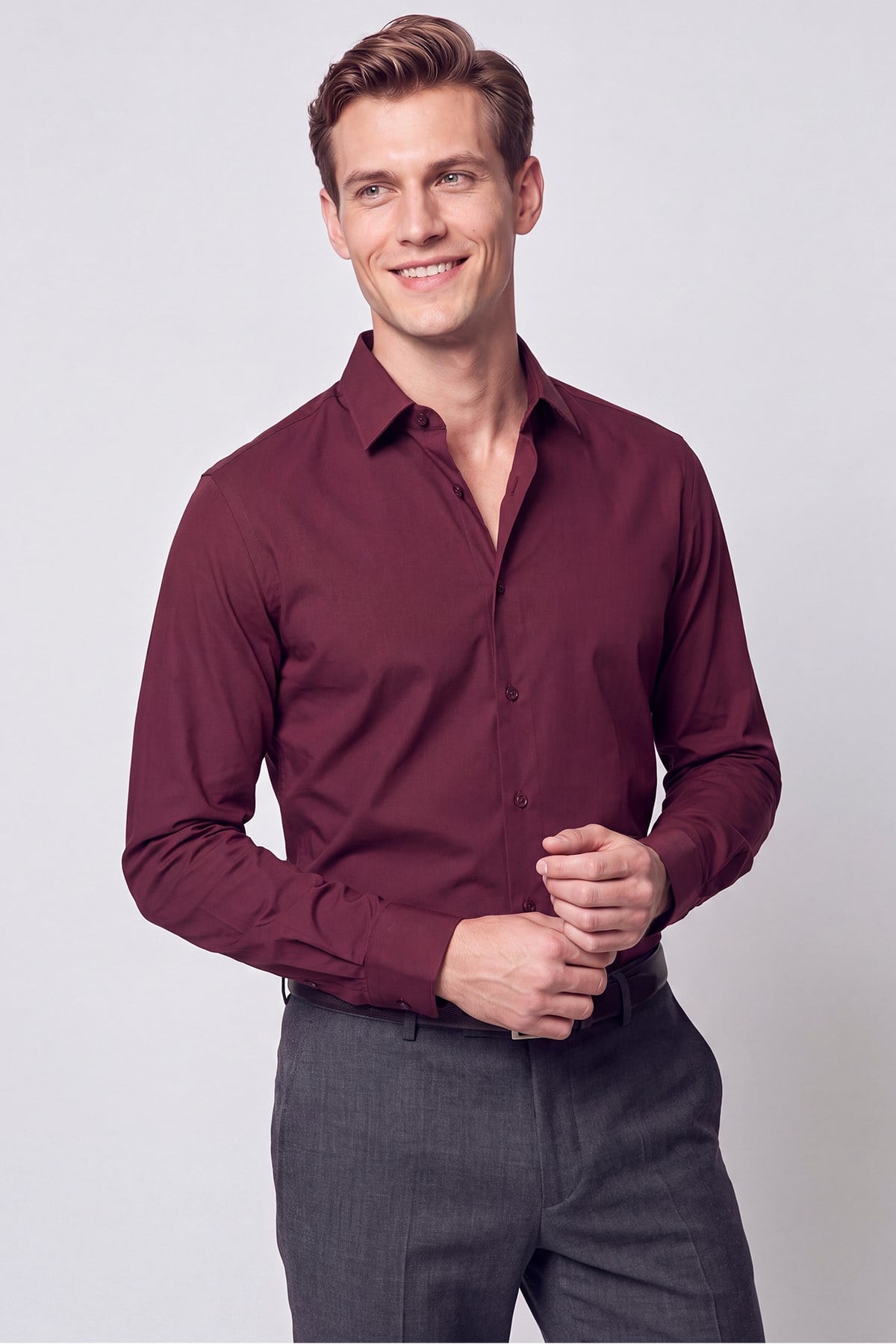 Slim Fit  Pamuklu Bordo Gömlek G 1607  